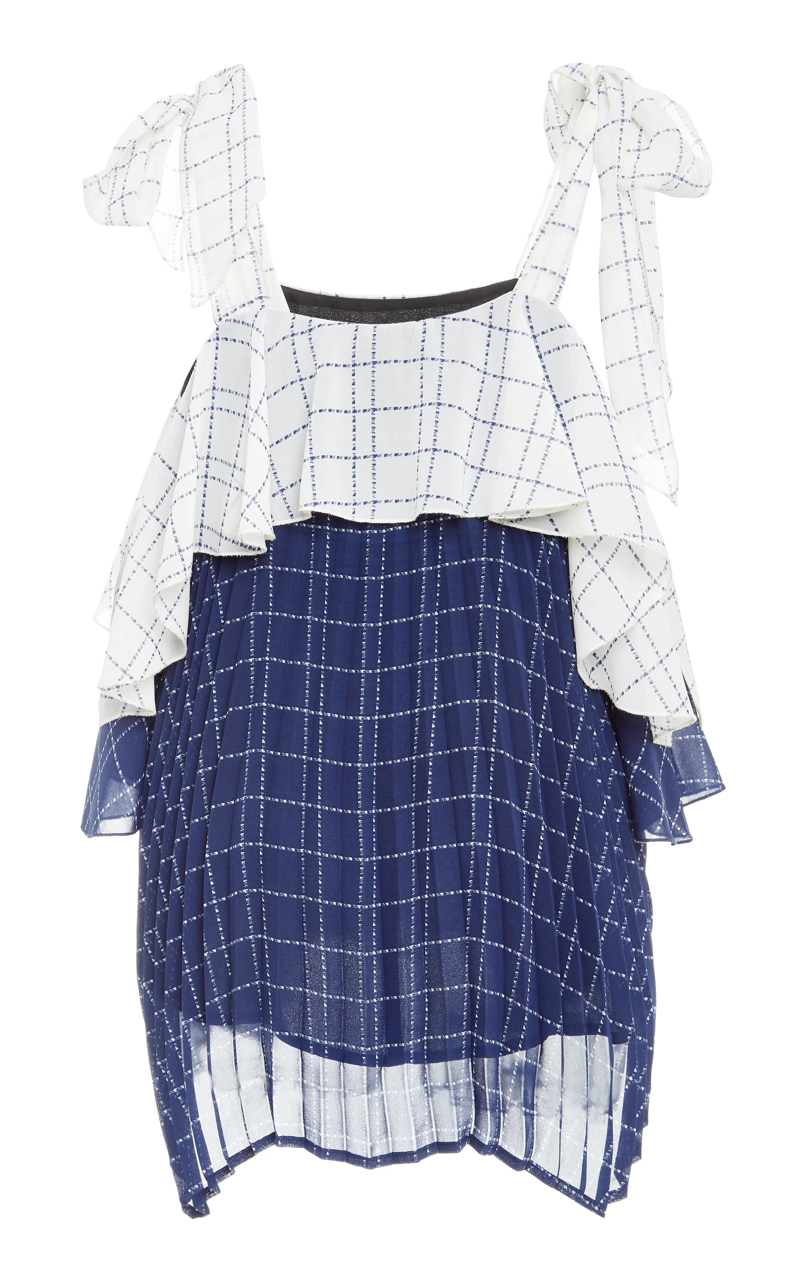 Front view of cold shoulder short sleeve navy and white color block blouse
