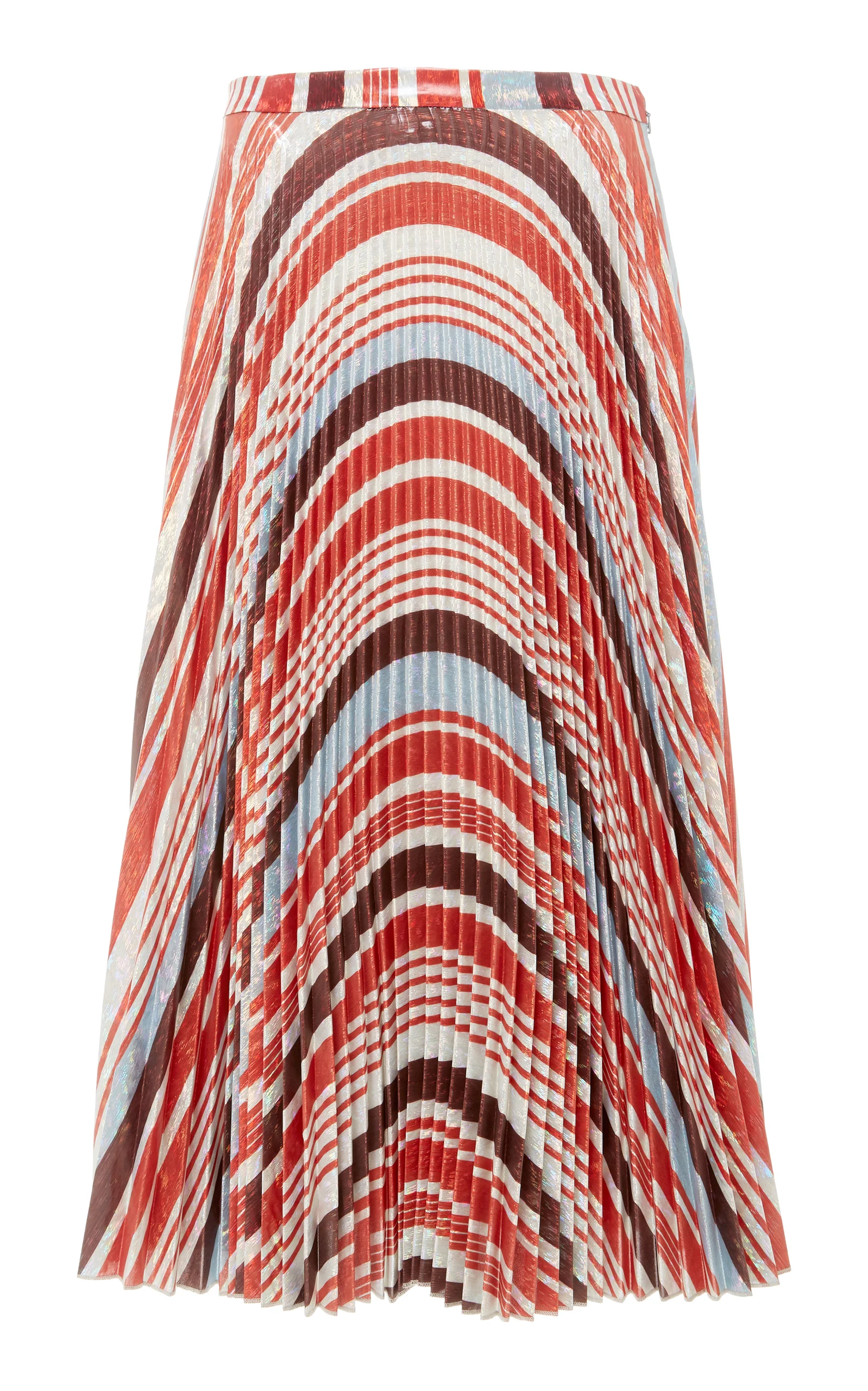 Front view of multi color striped pleated ruffle top with pleated skirt