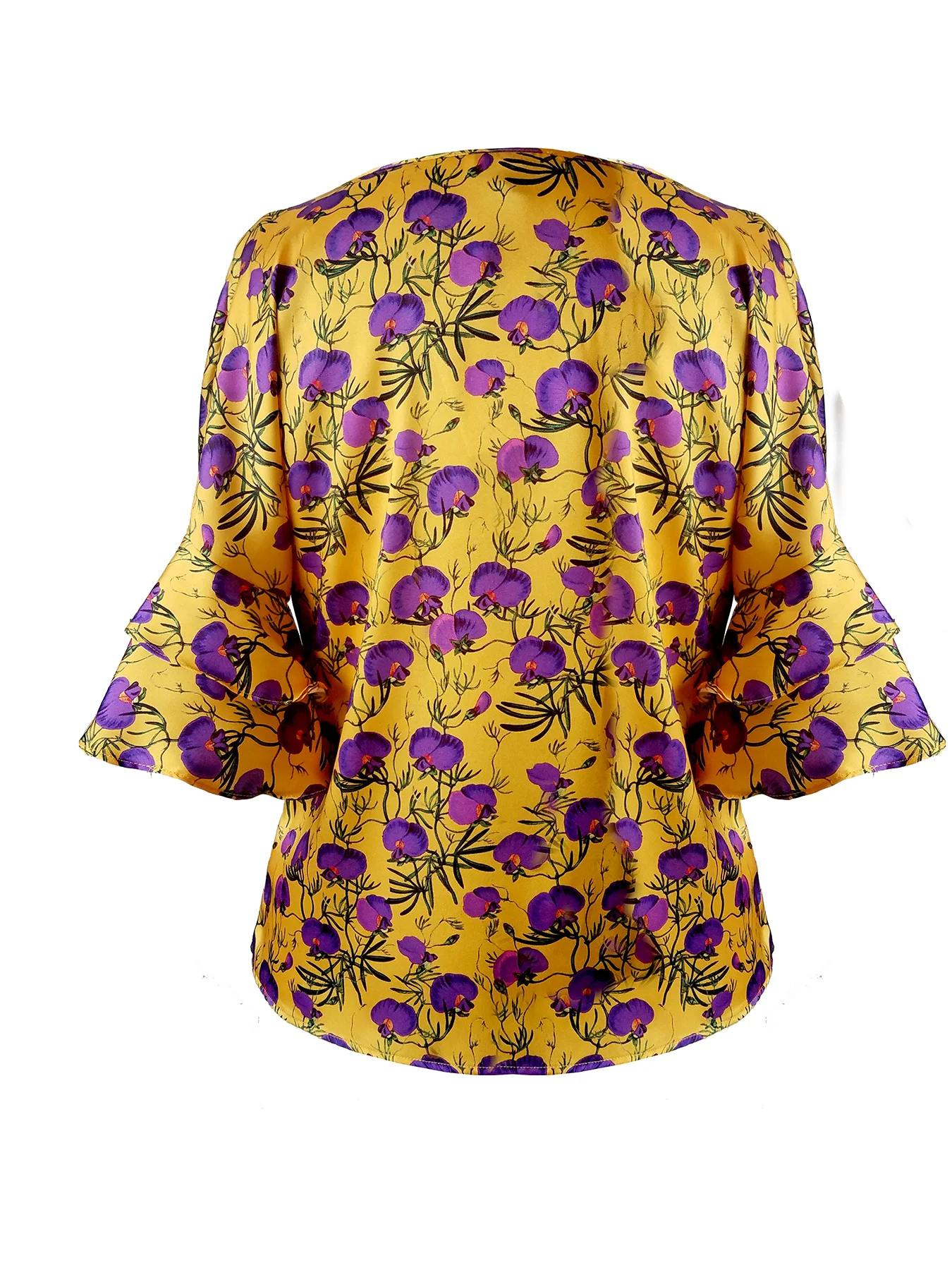Back view of mustard and violet floral print 3/4 length sleeve with ruffle detail