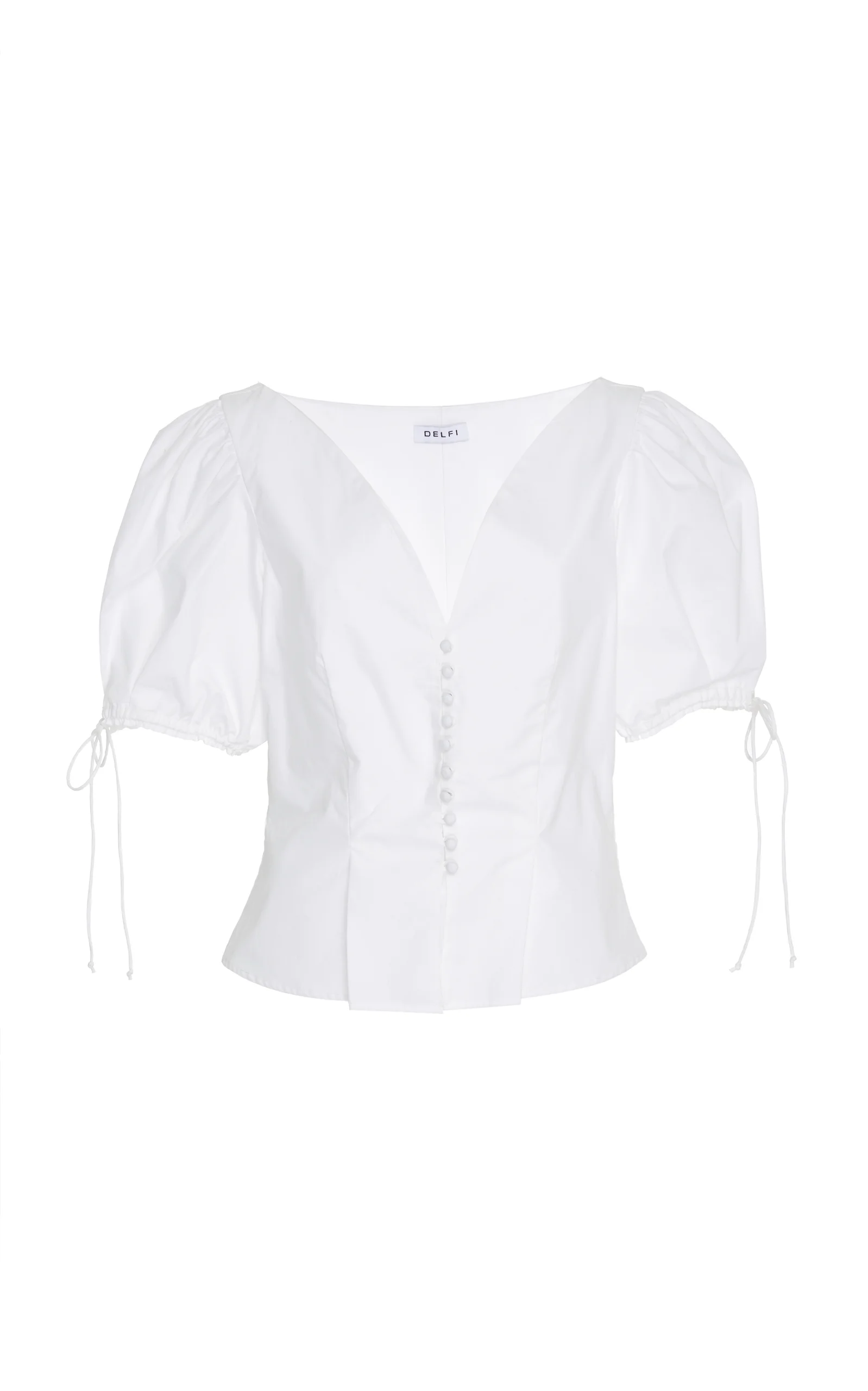 Front view of white short sleeve blouse with v neckline, pleated hem and front slit