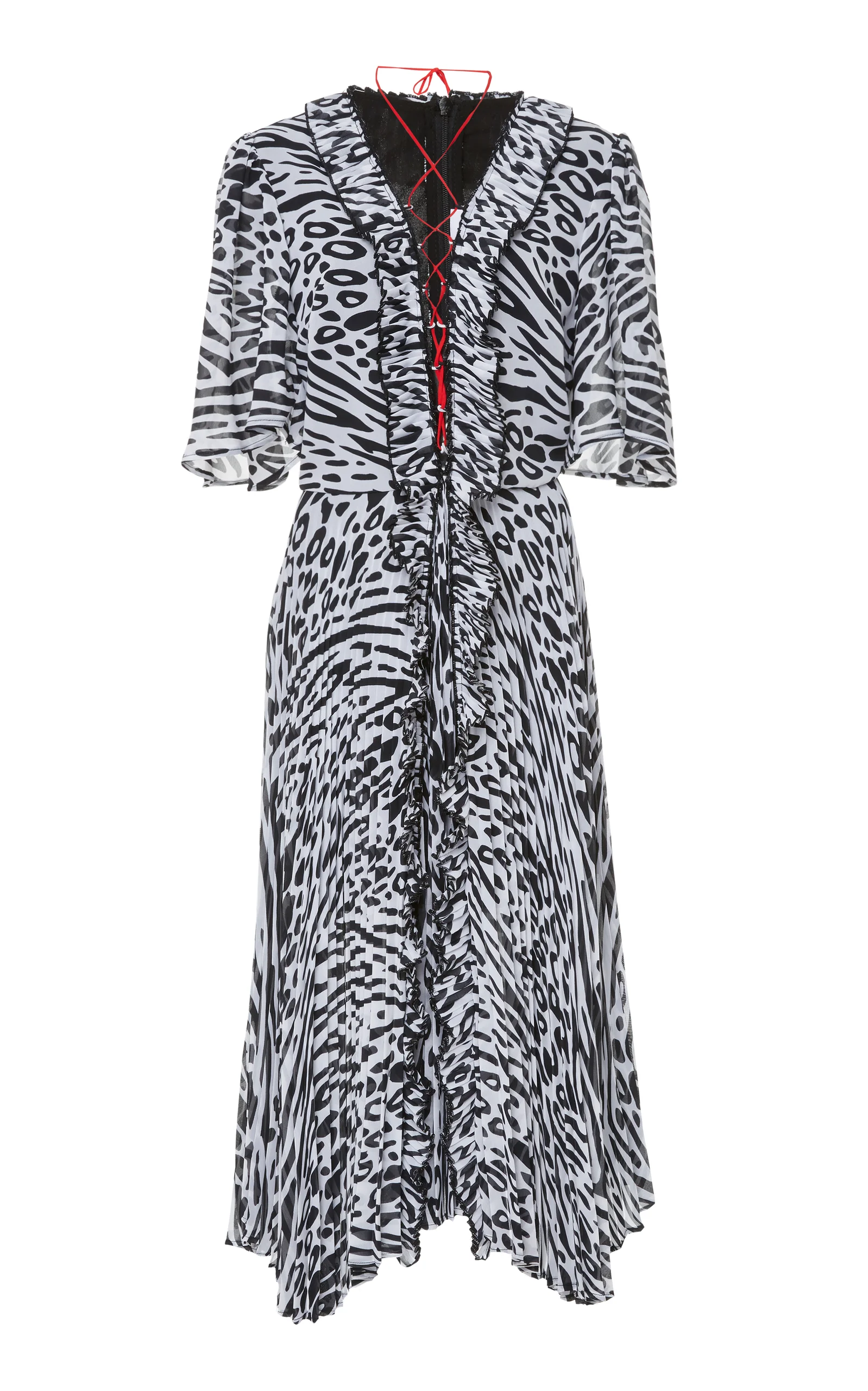 Front view of Gwen, black and white zebra print midi dress with red corded lace up neckline and pleated skirt