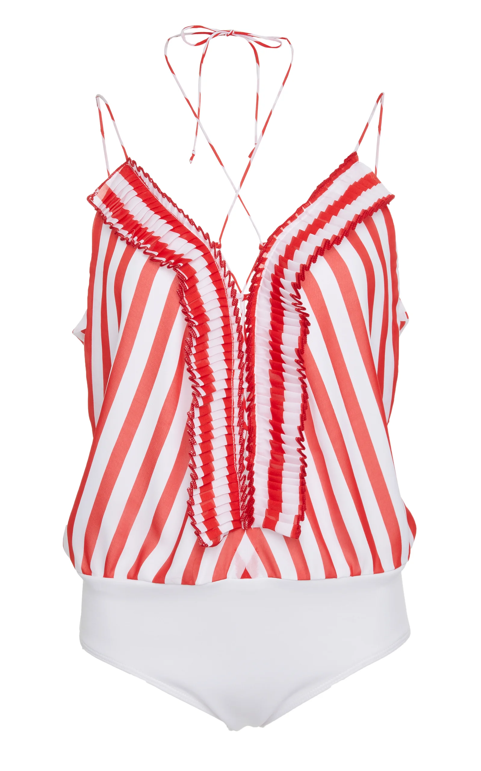 Front view of red and white spaghetti strap top with v neckline and pleated trim