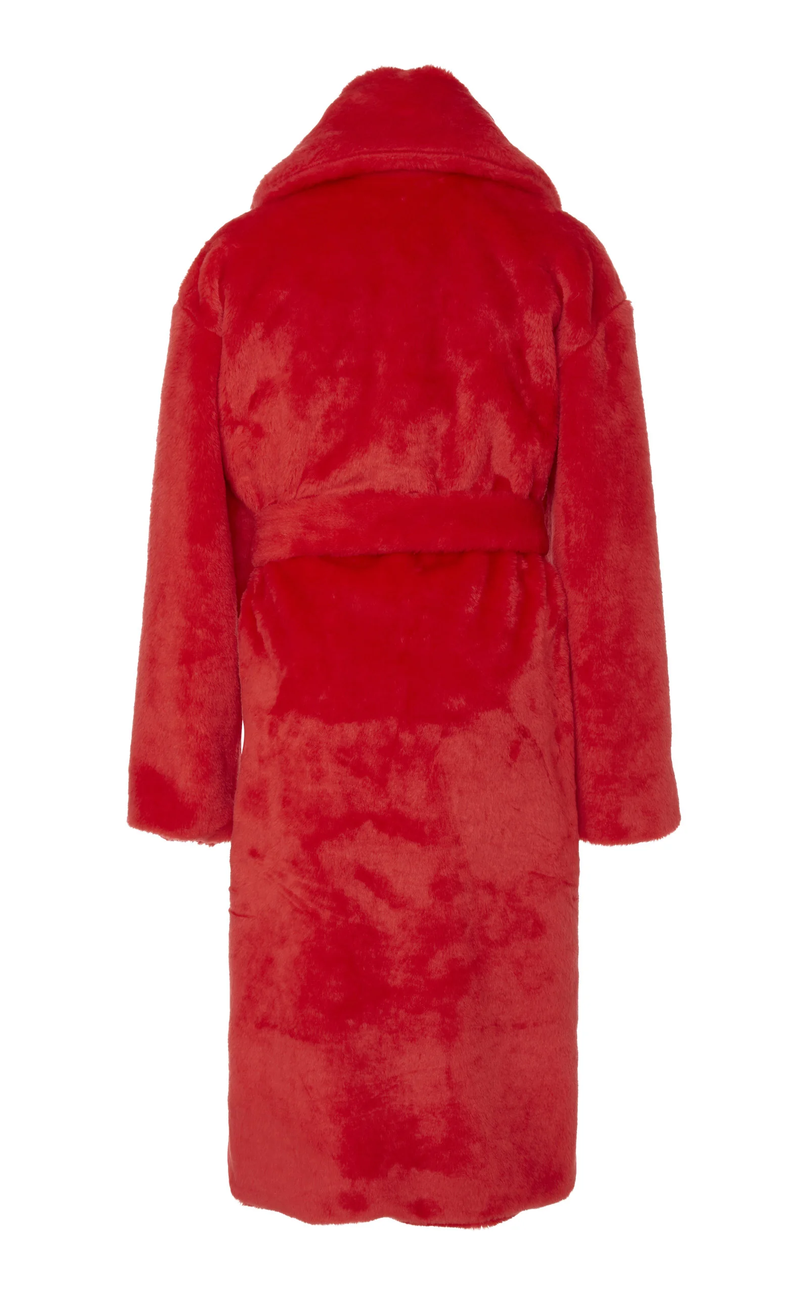 Back view of oversized red faux fur overcoat