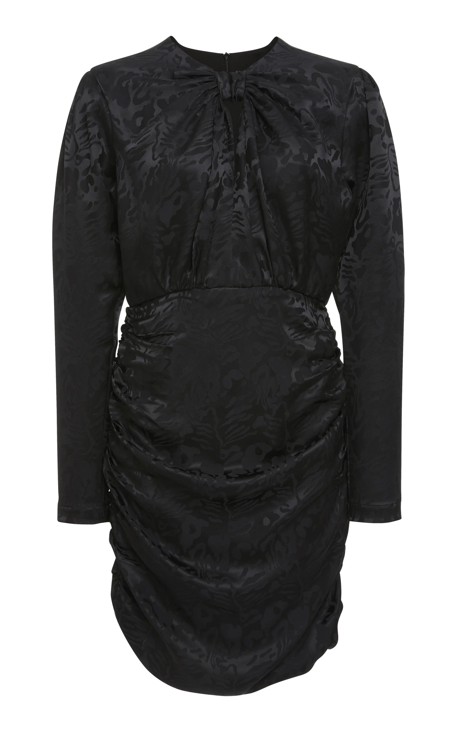 Front view of black long sleeve jacquard short dress