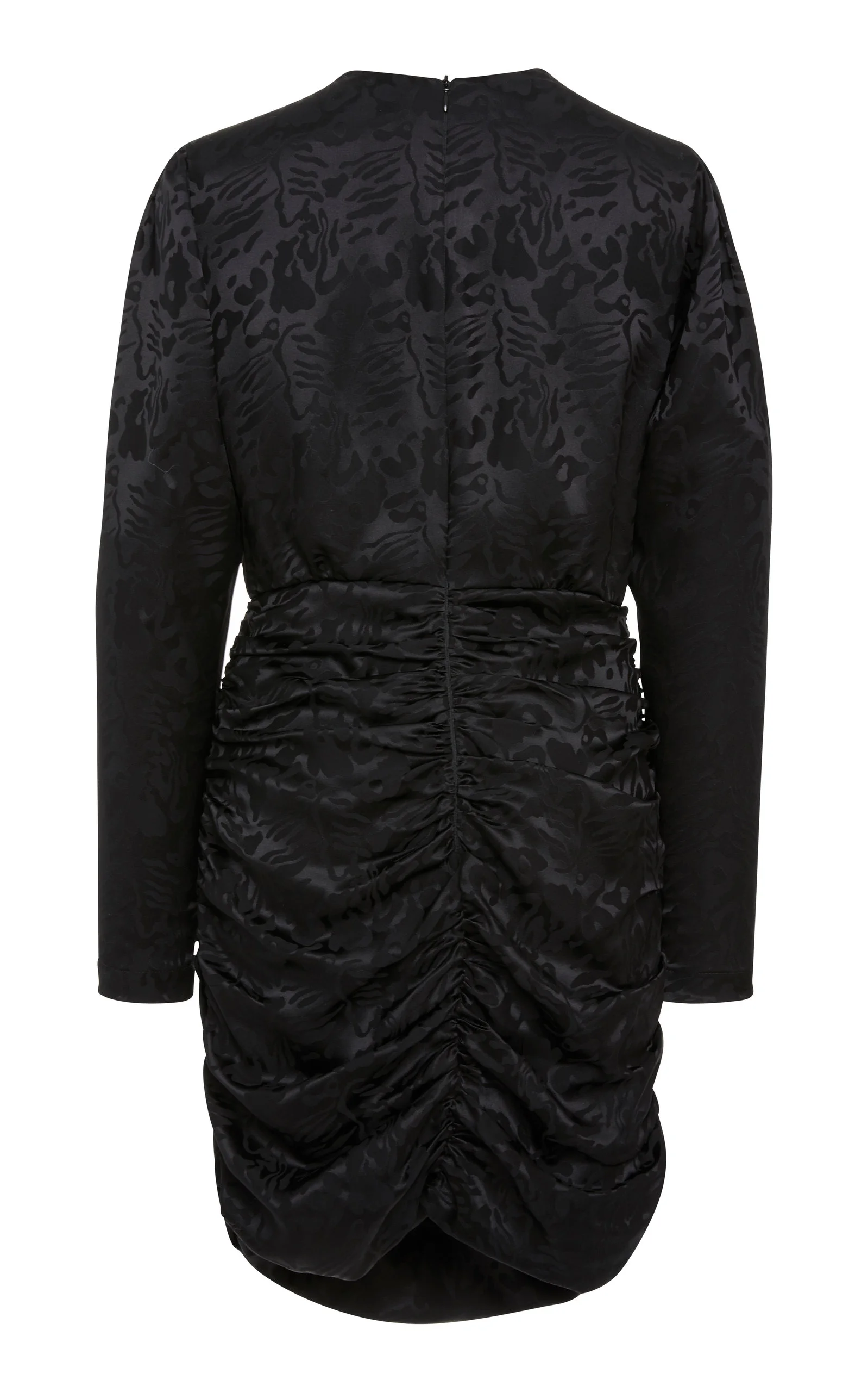 Back view of black long sleeve jacquard short dress
