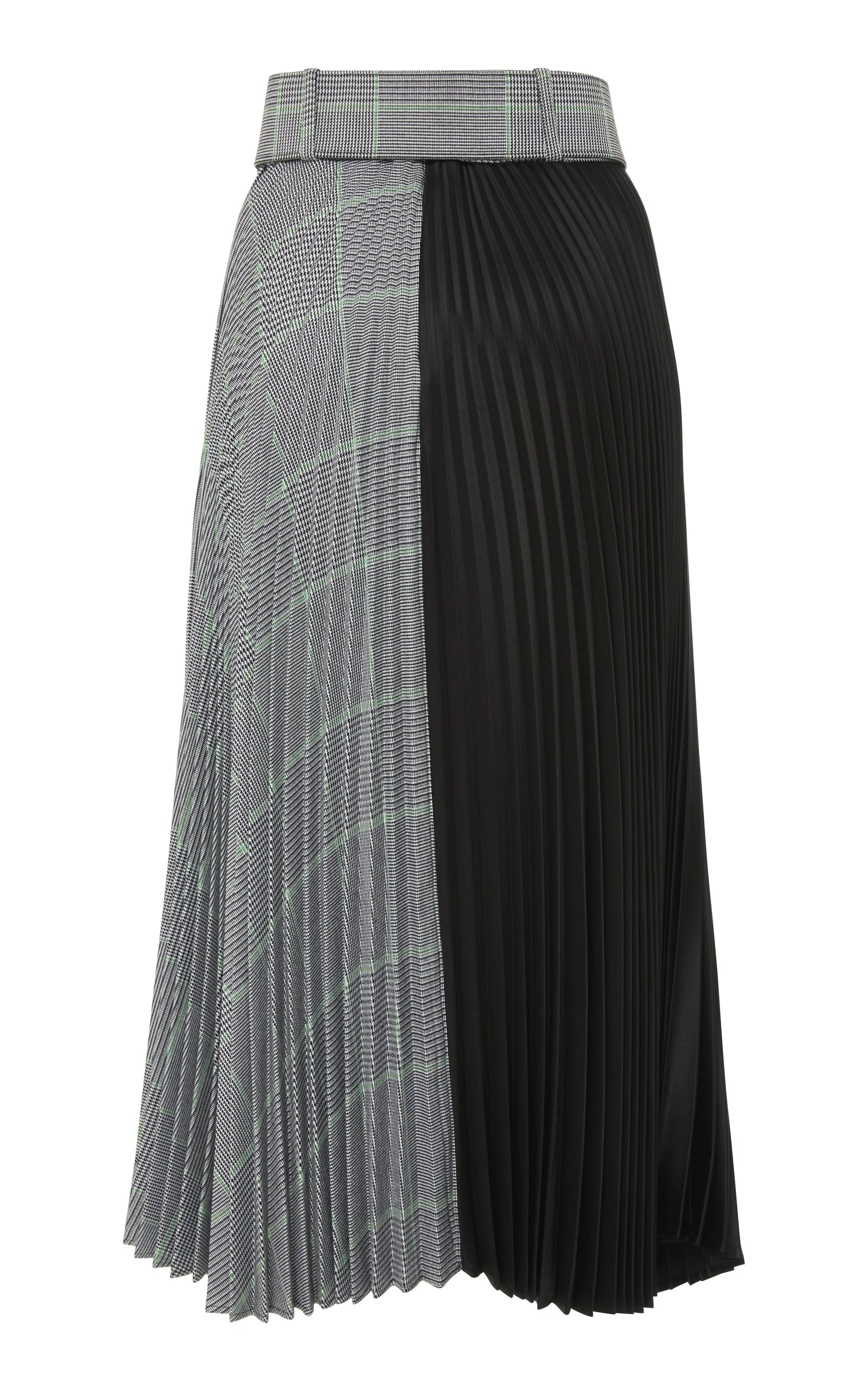 Back view of color block pleated skirt, half plaid half black