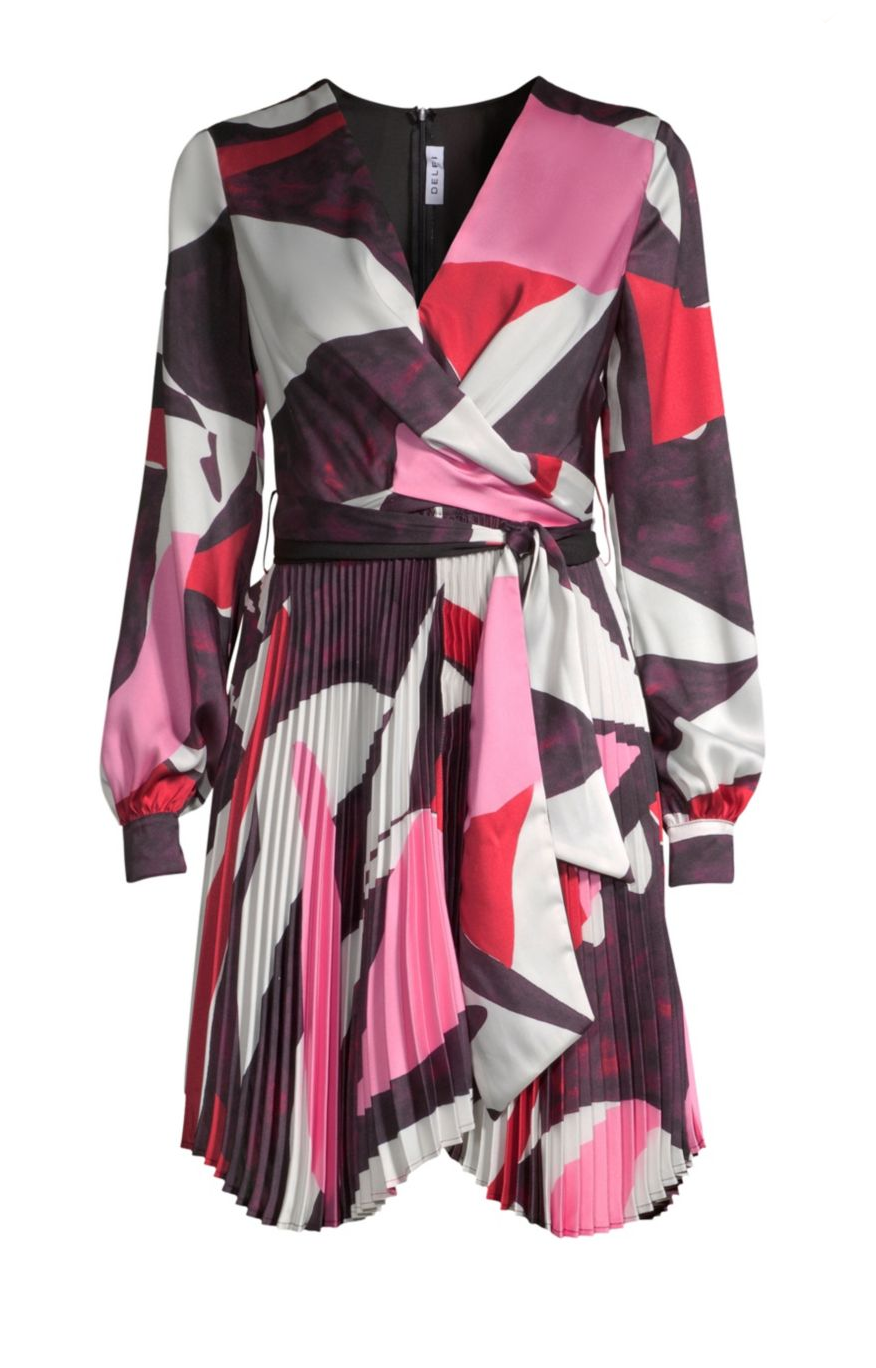 Front view of long sleeve short dress in cream, red, pink and burgundy abstract collage print