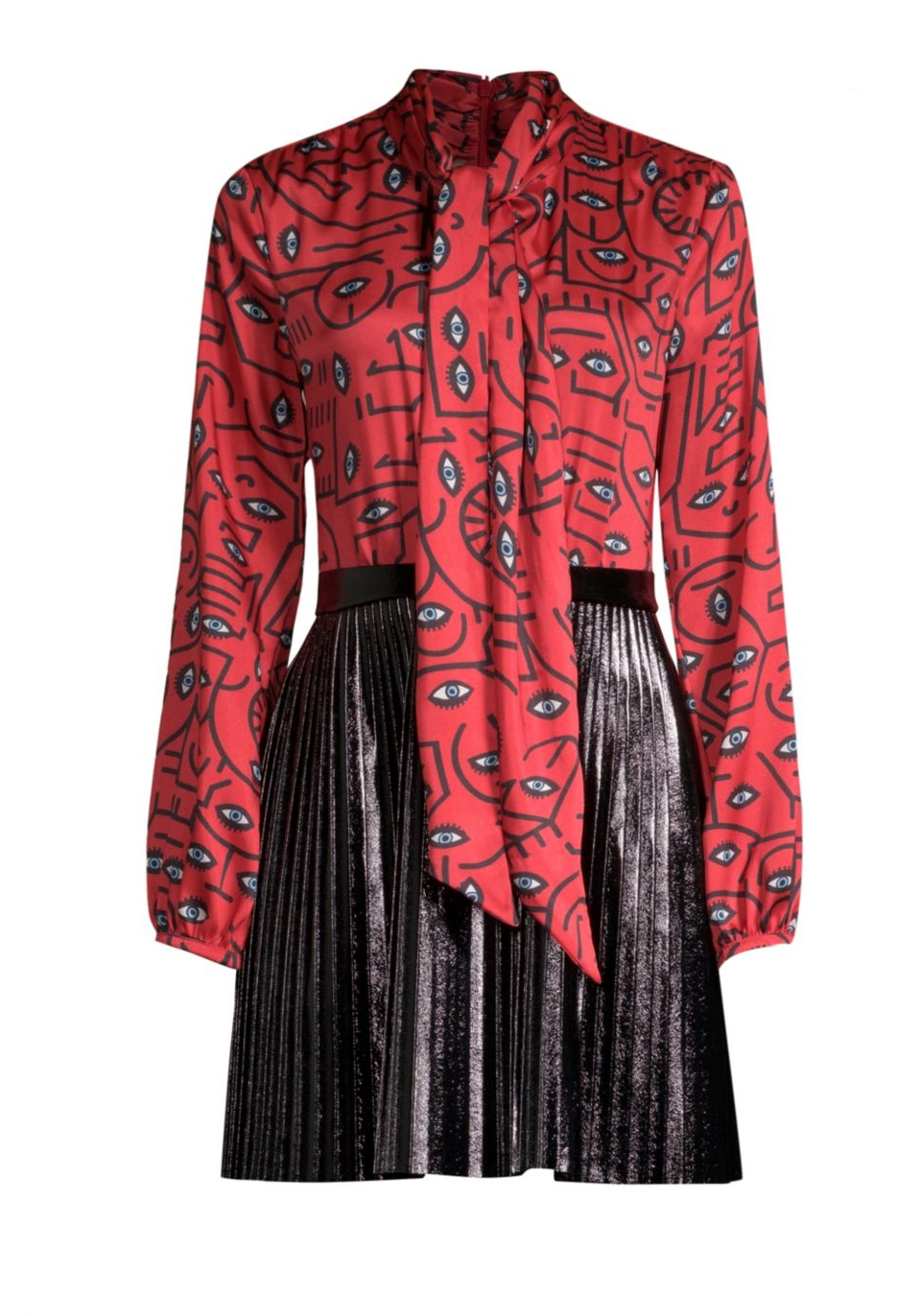 Mixed materials dress with red blouse in geometric print and skirt in faux patent leather