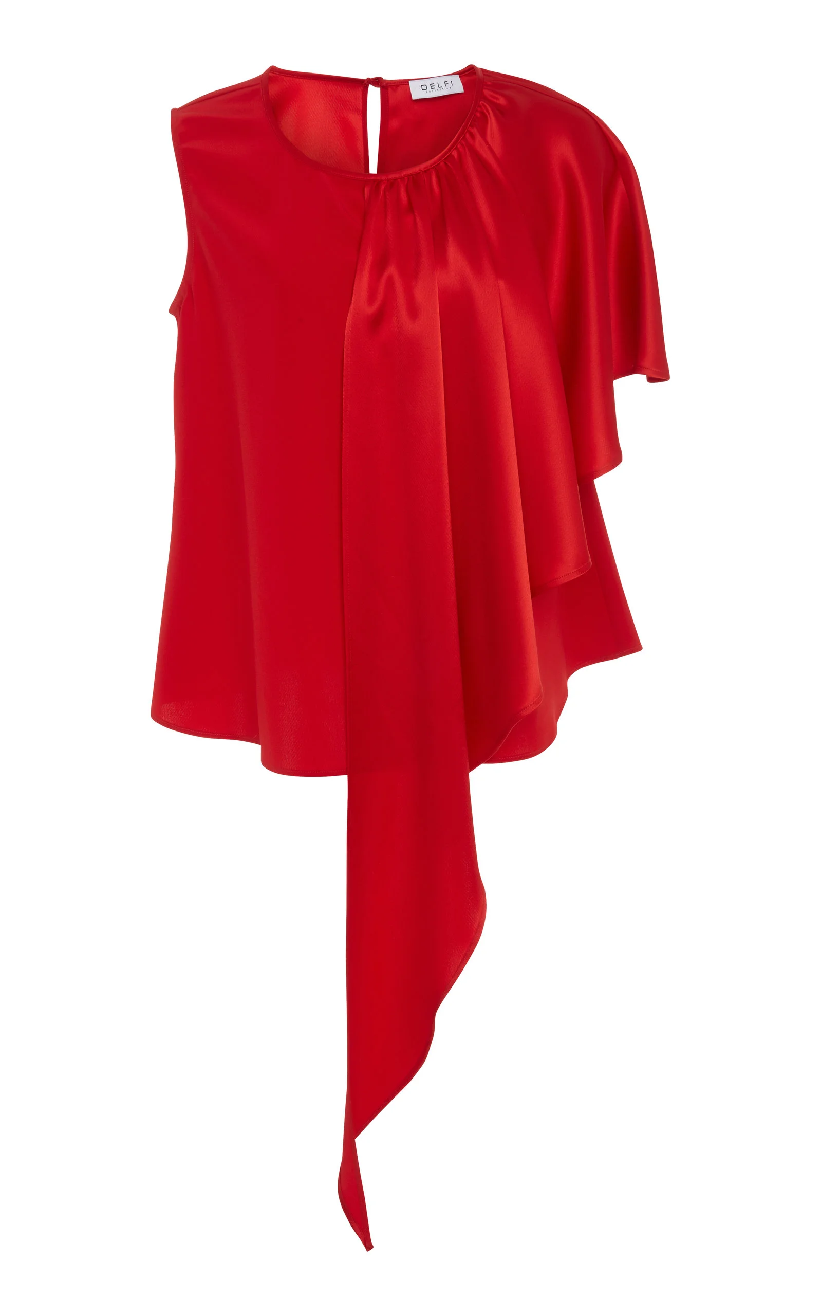 Front view of red sleeveless blouse with draped asymmetric front ruffle overlay