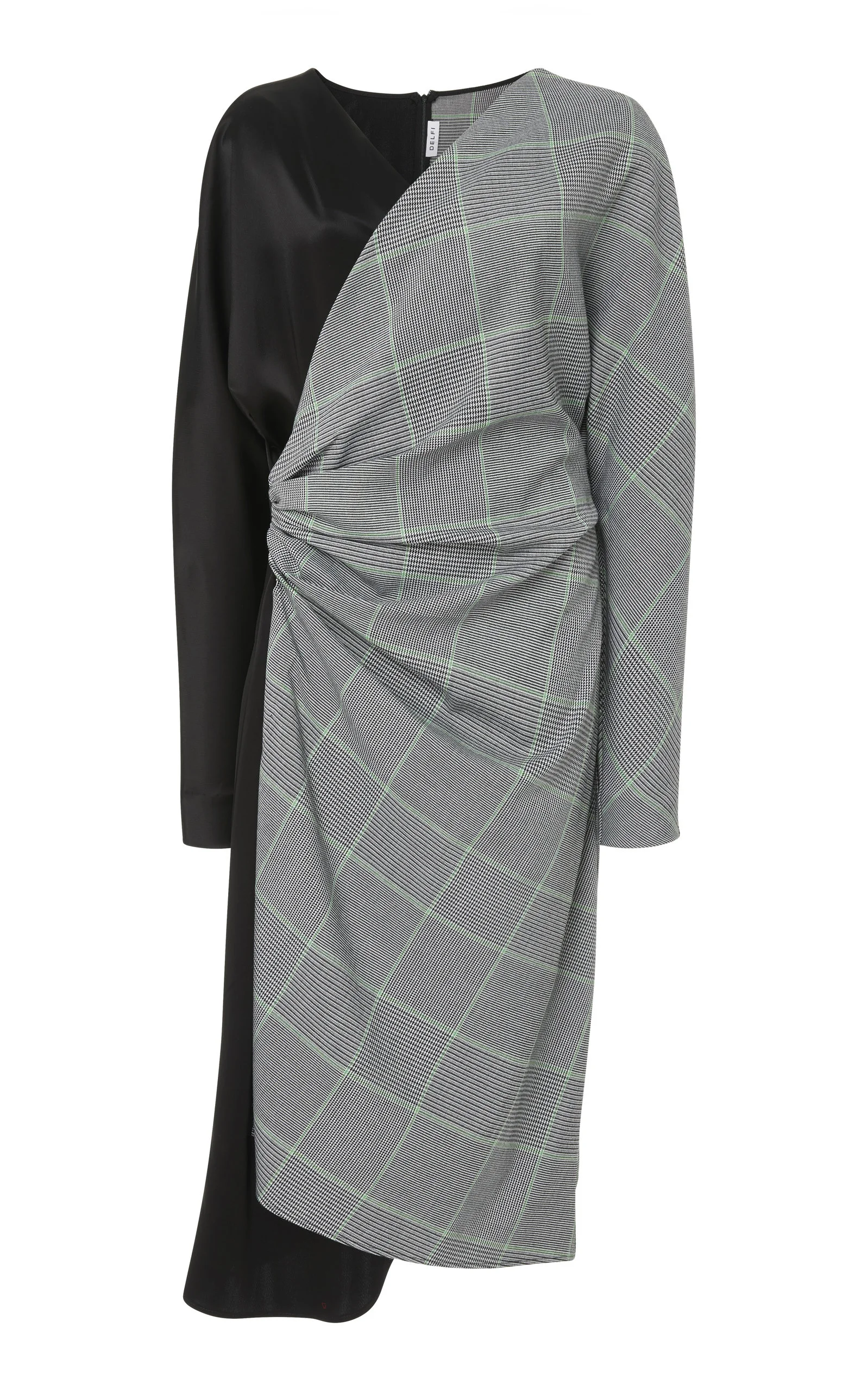 Front view of color blocked long sleeve v neck dress half black half plaid