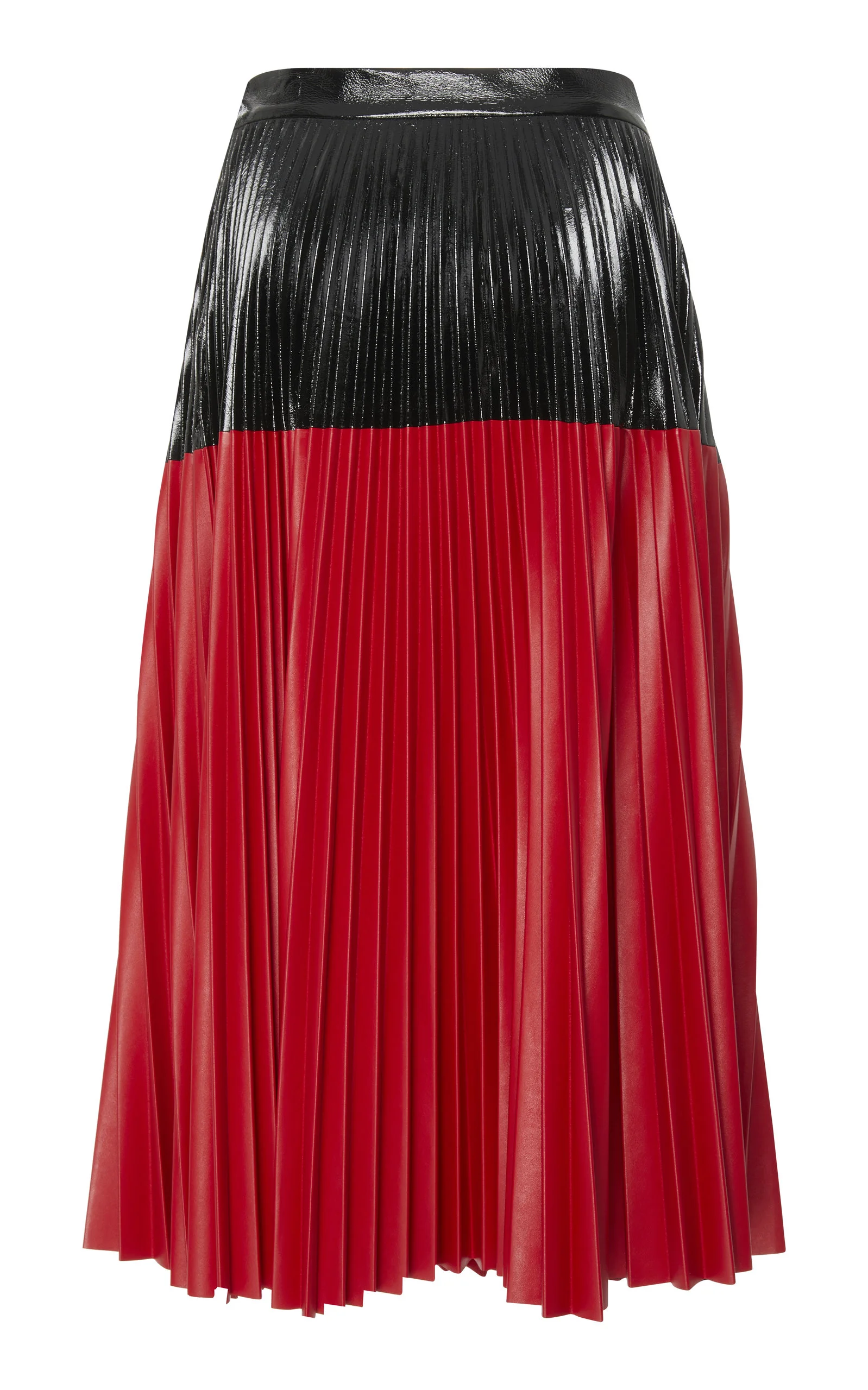 Front view of color block faux patent leather skirt with black yoke and red hem
