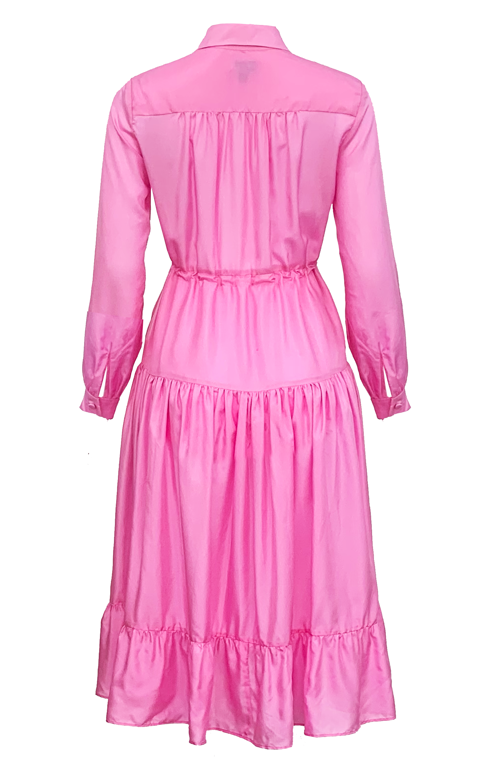 Mid length long sleeve silk pink dress with drawstring waist