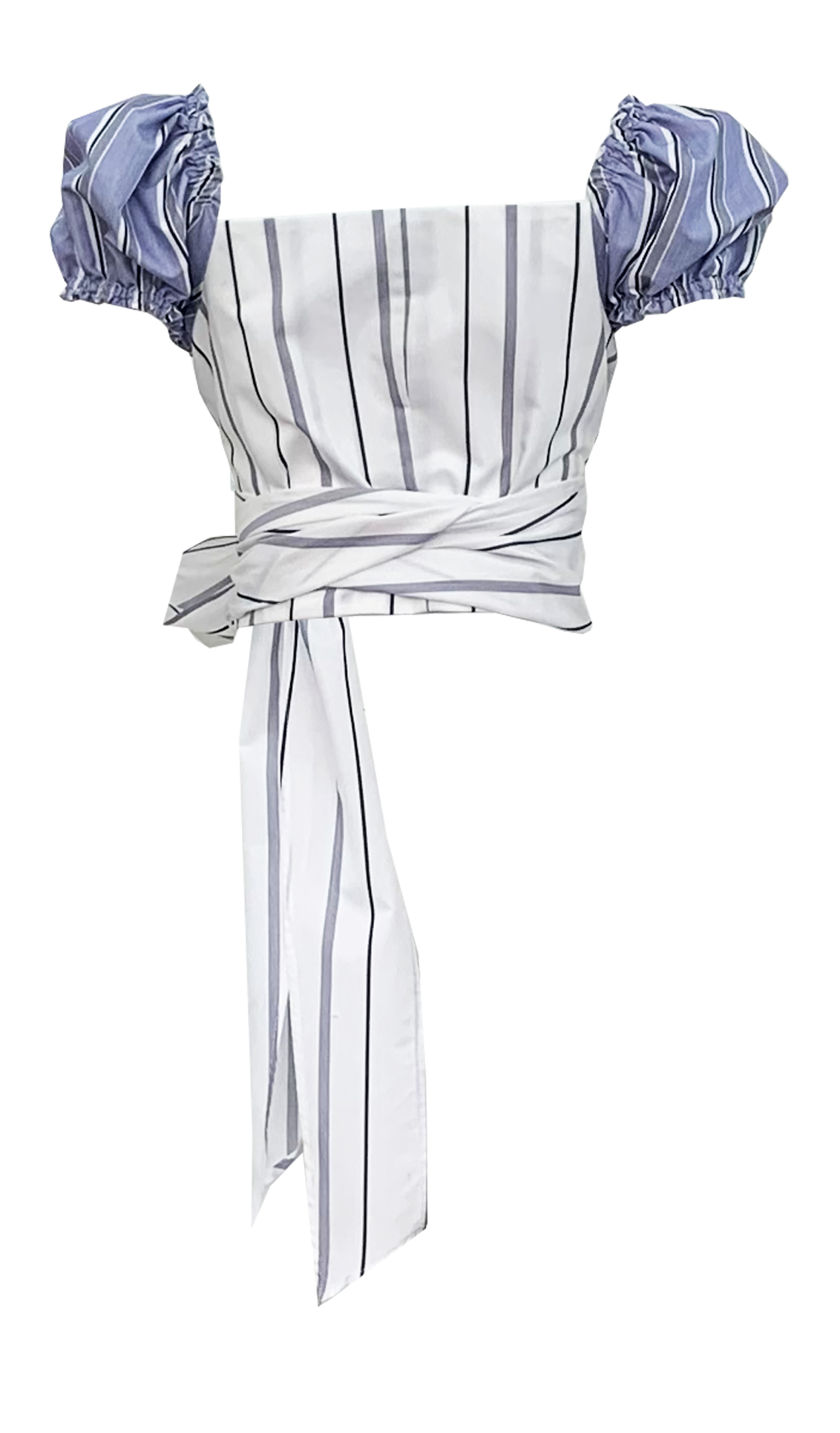 Wrap top in white shirting with blue shirting poofed short sleeves