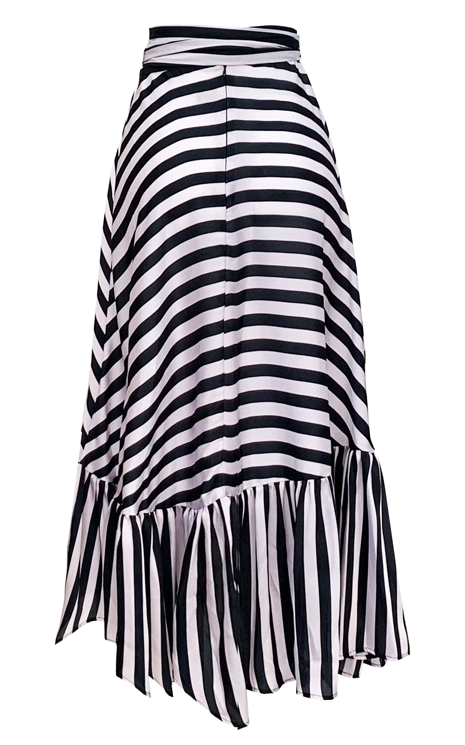 Striped mid length Devi skirt with horizontal stripe body and vertical stripe ruffle hem