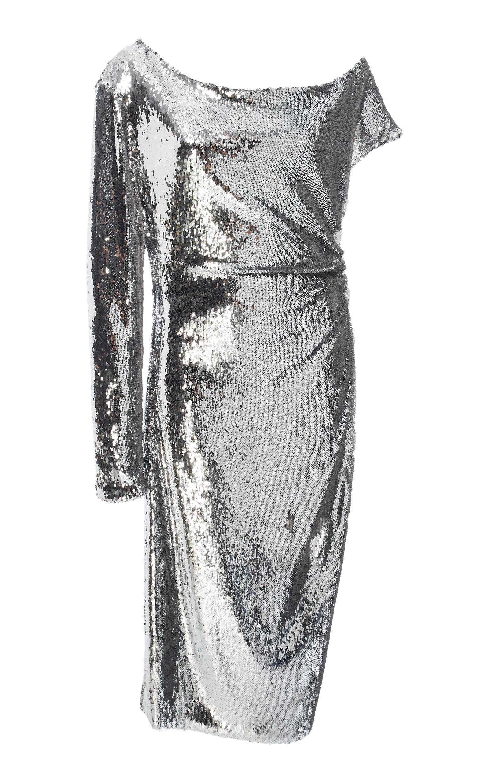 Boat neck silver metallic sequined top with one sleeve