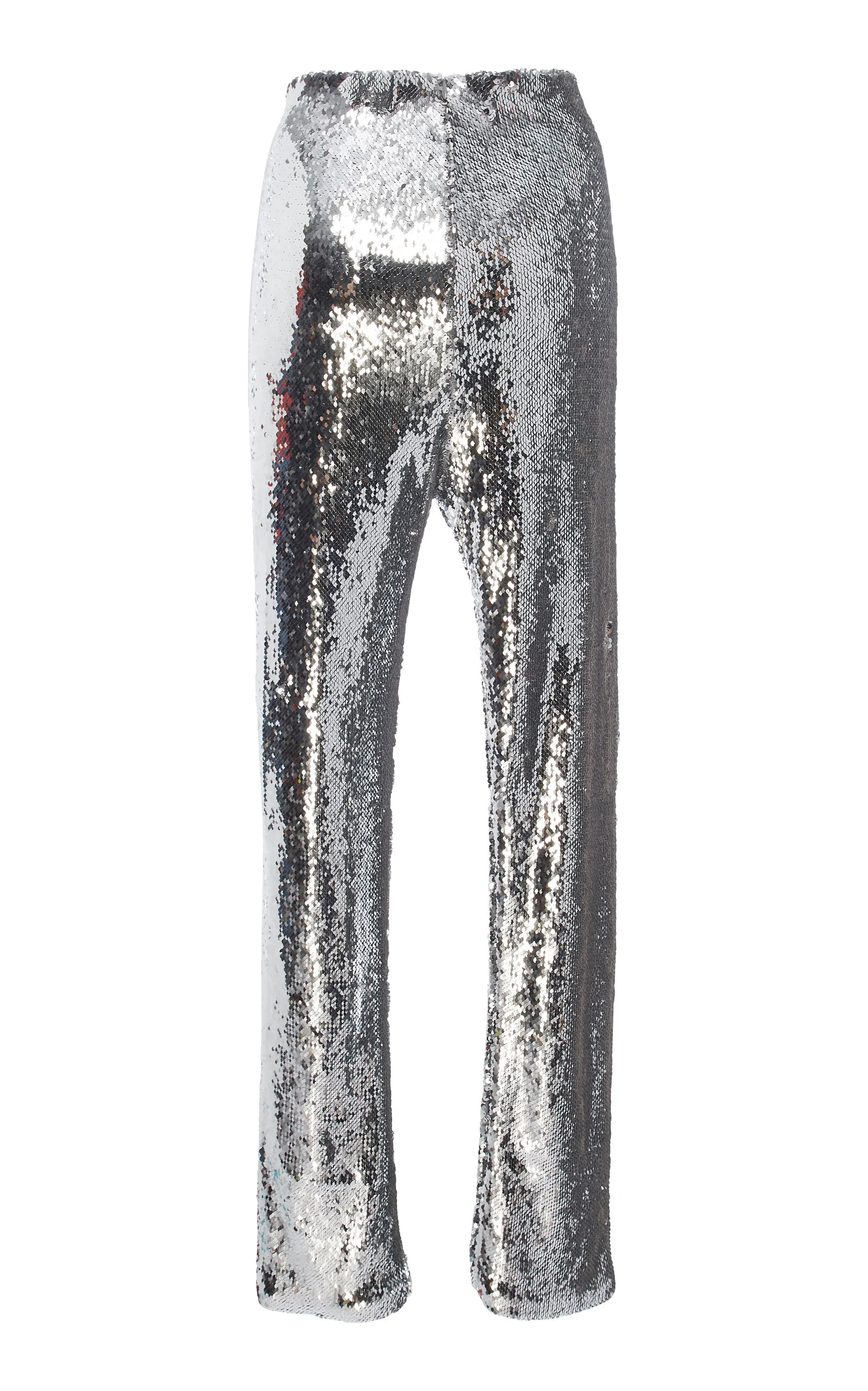 Front view of straight leg silver sequined pant