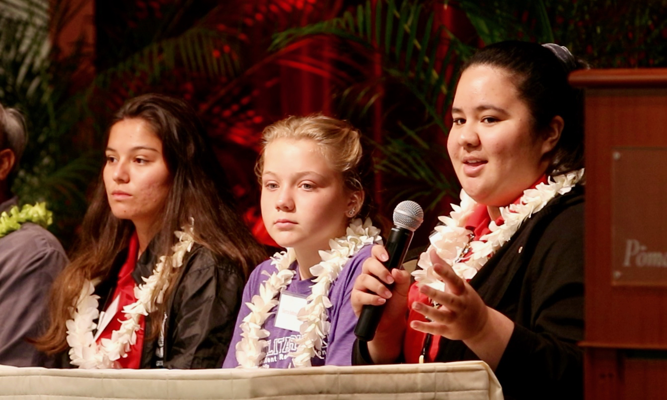 Last year's presenters from Pearl Harbor Kai Elementary School, Leilehua High School, and Radford High School participate in a Panel.