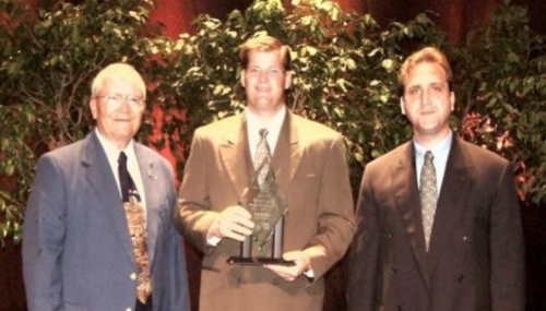 L to R; Apollo 13 Astronaut Fred Haise, 2003 Alan Shepard Technology in Education Award winner Brian Copes, and AMF Vice President Gene T. Tavares