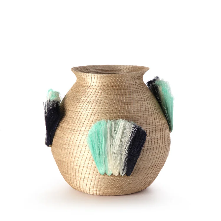 fanned out small bulbous vase  flax + turquoise fans