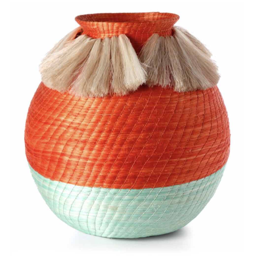 fanned out large bulbous vase tangerine/mint + neutral fans