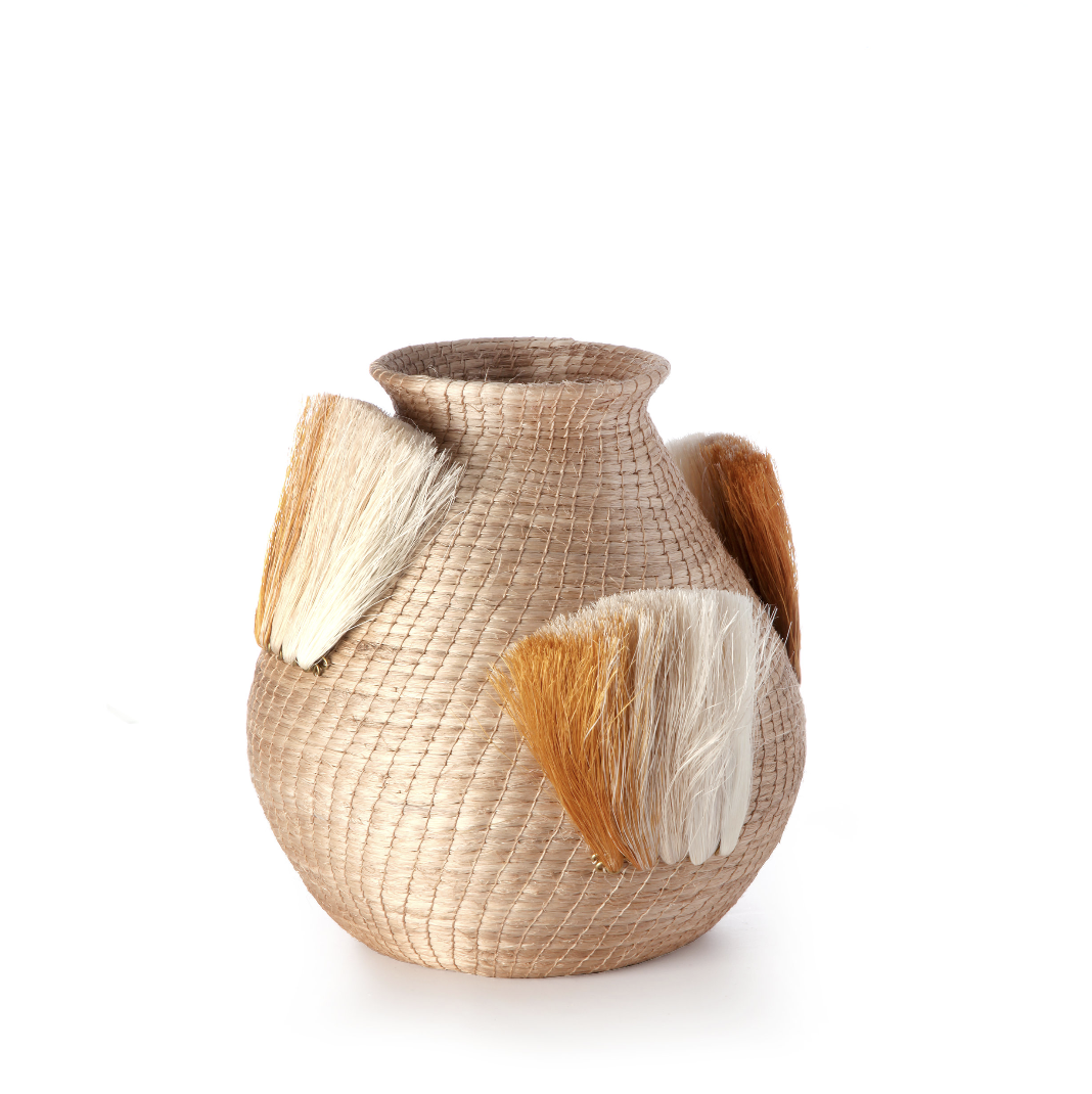 fanned out small bulbous vase  flax + ochre fans