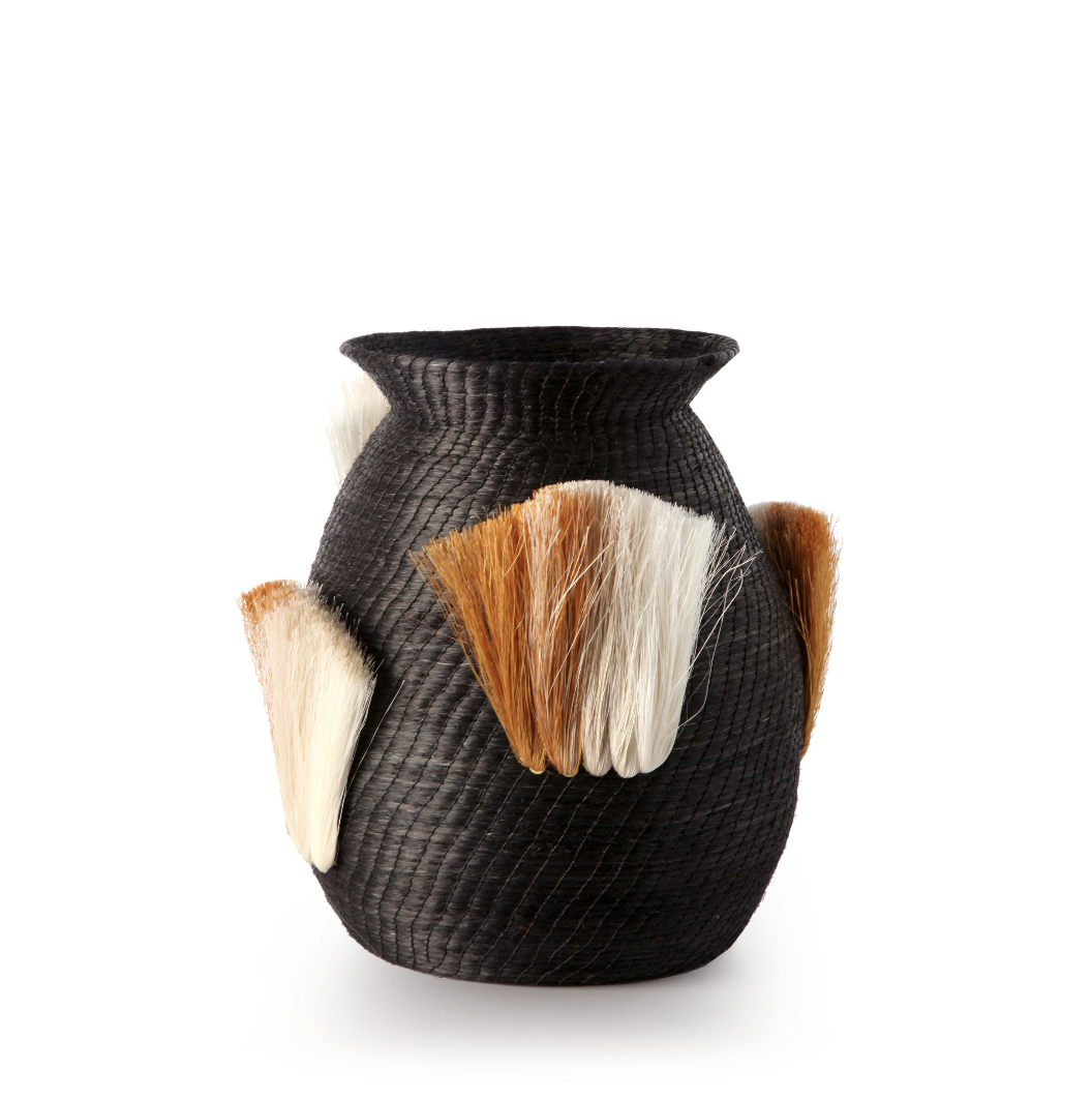 fanned out small bulbous vase  black + ochre fans