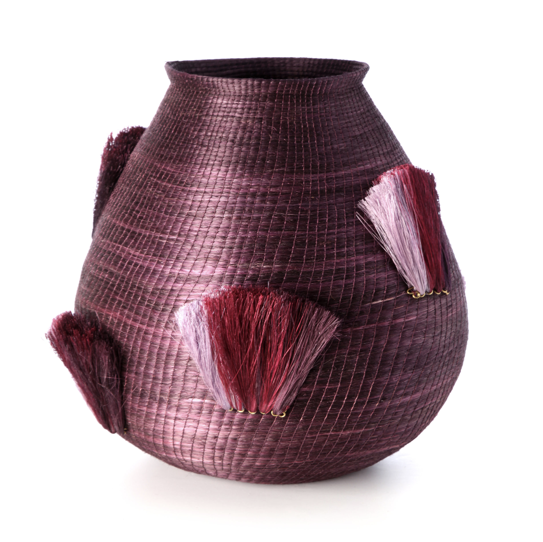 fanned out large bulbous vase  eggplant + lilac fans
