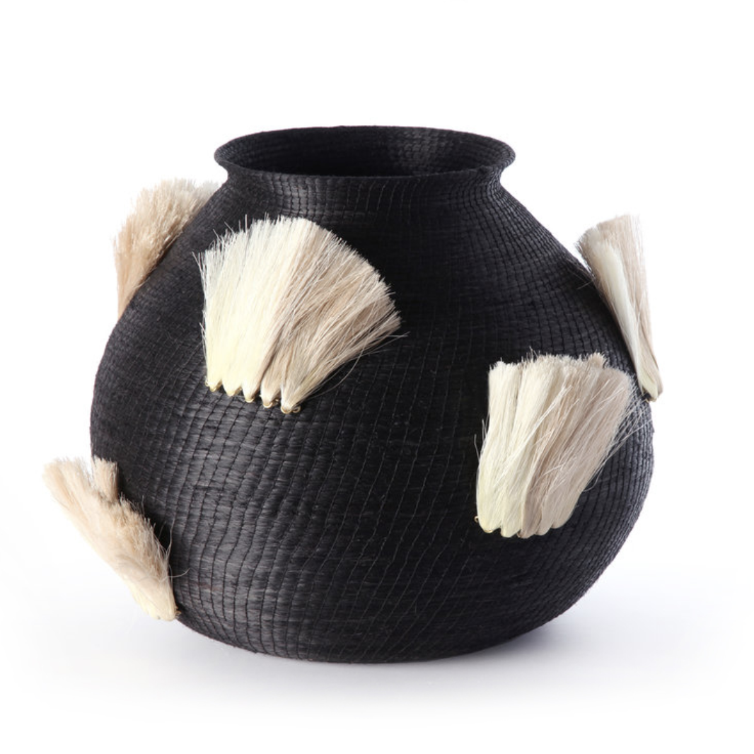 fanned out large bulbous vase  black + flax fans 