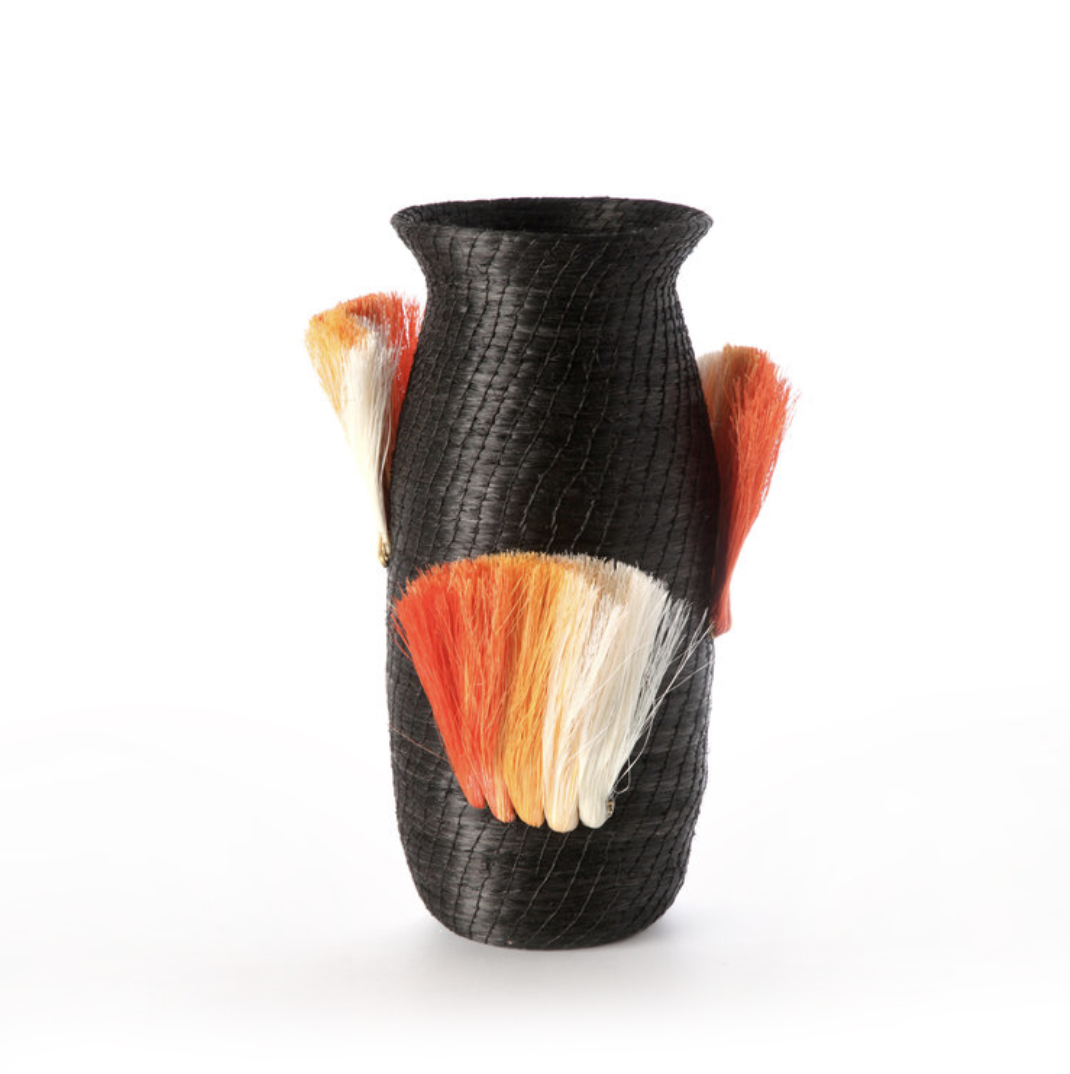 fanned out small tall vase   black + tangerine fans