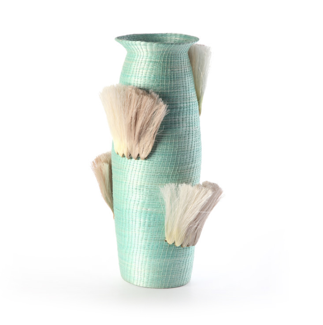 fanned out large tall vase   turquoise + flax fans