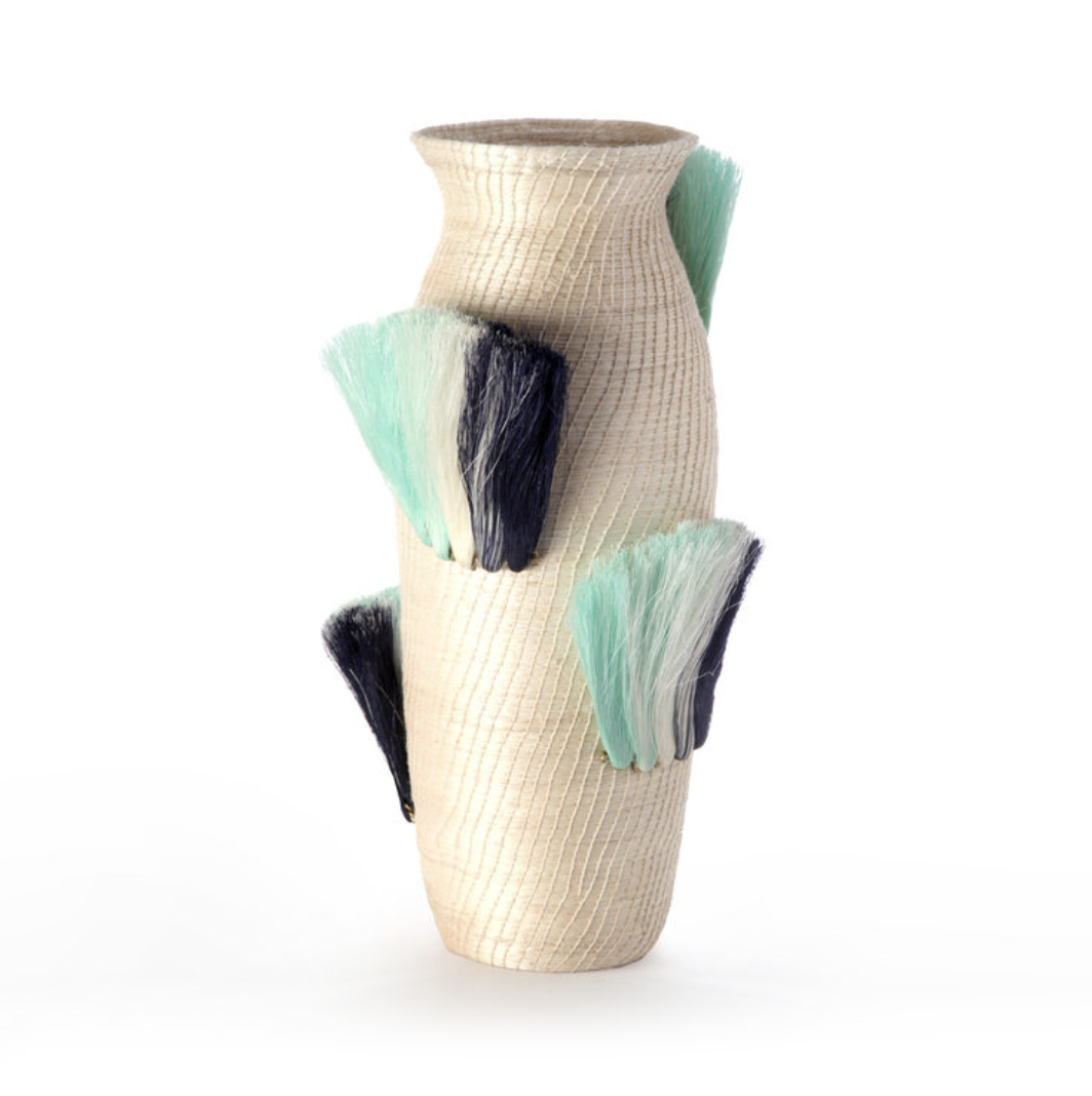 fanned out large tall vase   cream + turquoise fans