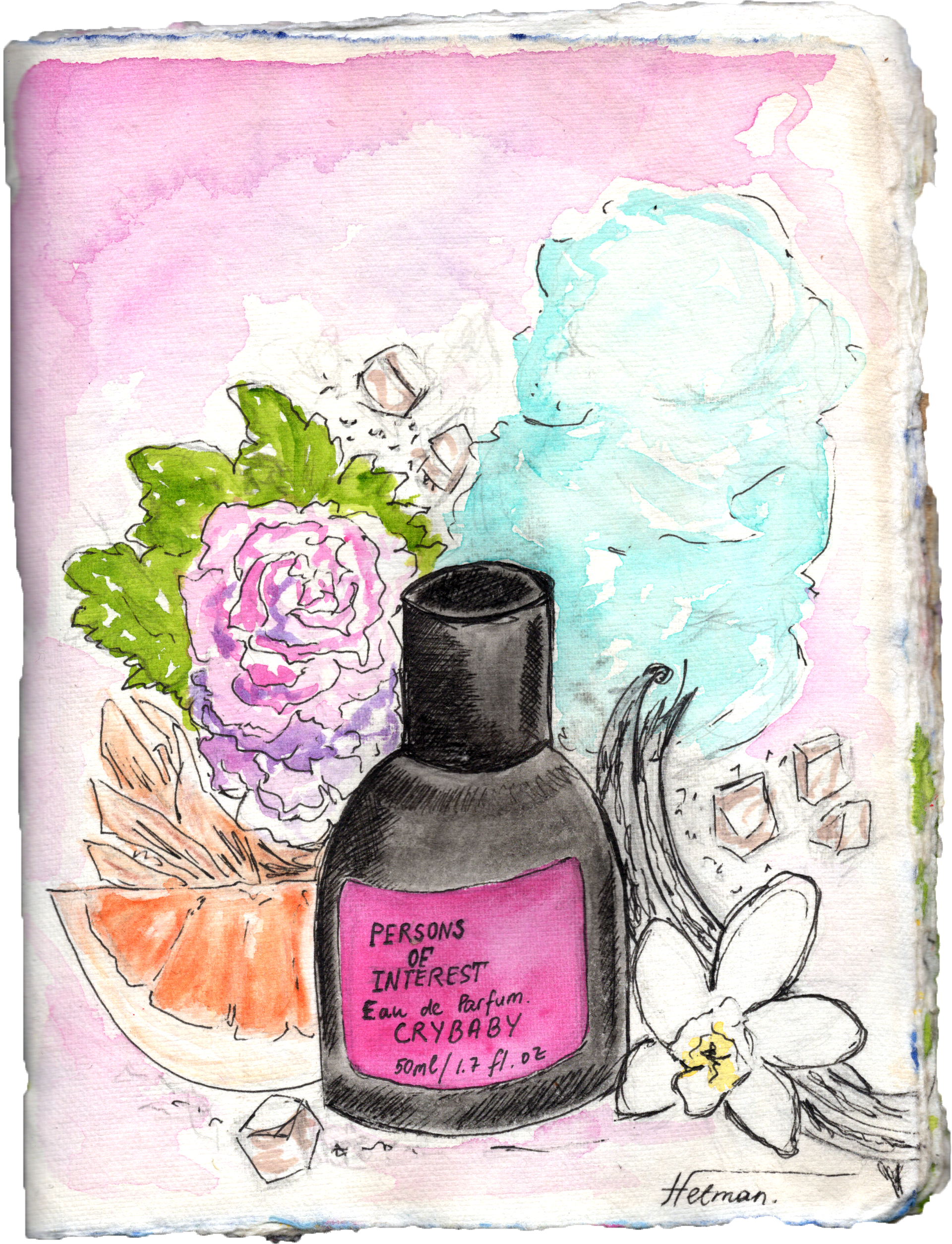 A watercolor sketch of a perfume bottle labeled 'Persons of Interest Eau de Parfum Crybaby,' surrounded by flowers, leaves, ice cubes, and ice cubes, with a soft pink background.