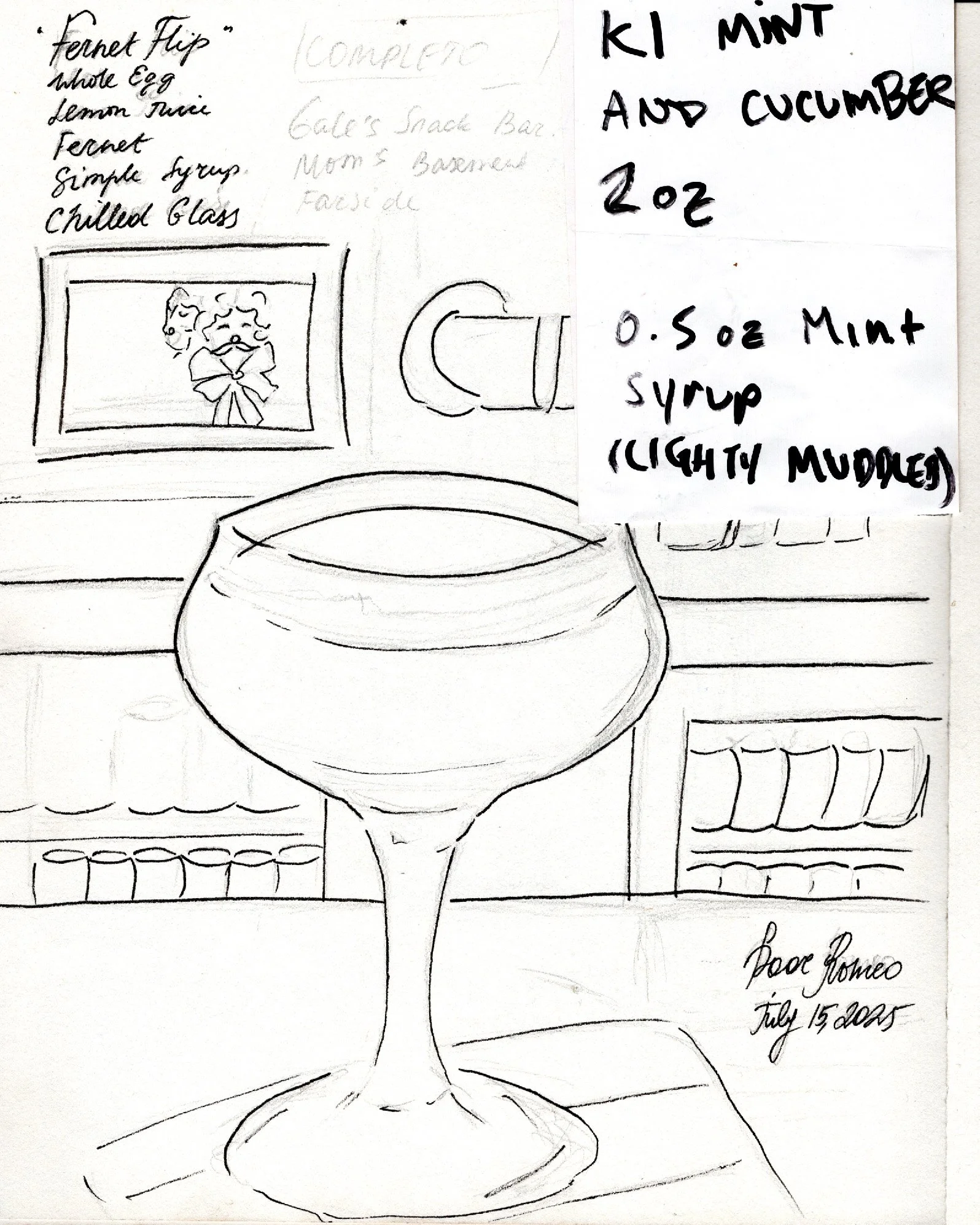 A hand-drawn sketch of a cocktail glass on a counter with a note listing ingredients for a "K1 MINT AND CUCUMBER" cocktail, including 0.5 oz mint syrup. The sketch includes a television screen showing a cartoon character, and a handwritten note dated