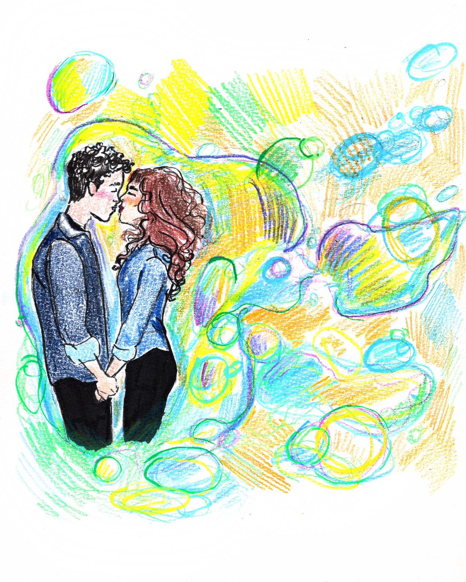 Colorful hand-drawn illustration of a young couple kissing, with a vibrant, abstract background of circles and lines in pastel colors.
