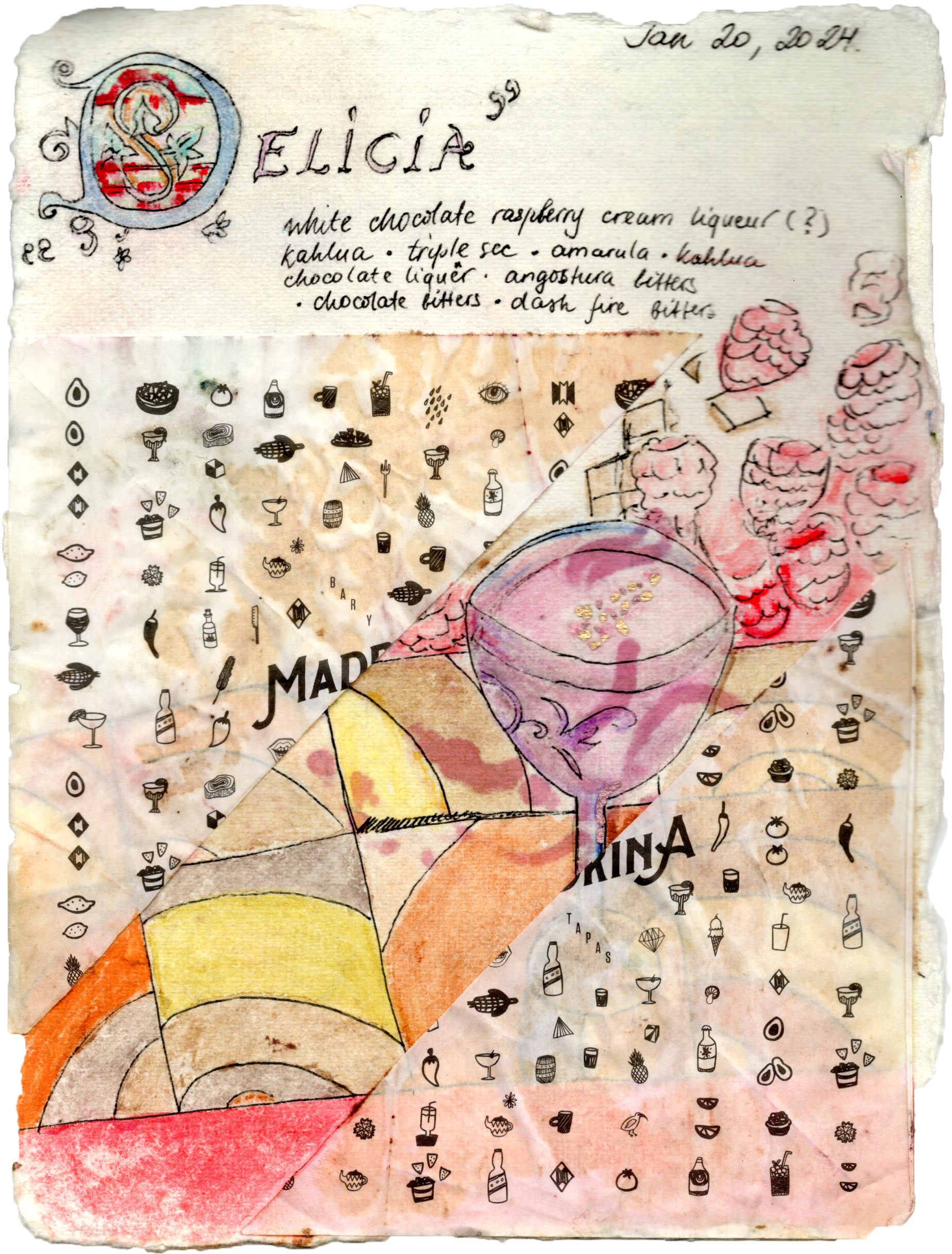 Hand-drawn menu with illustrations of dessert items, alcohol, and food icons. Text includes "Felicía" with ingredients like white chocolate raspberry cream liqueur and chocolates, and date Jan 20, 20H.