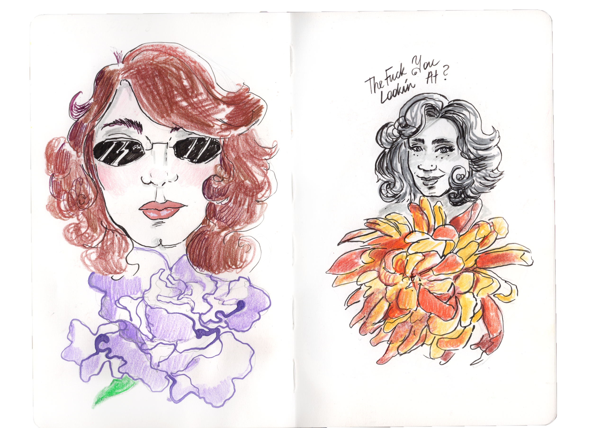 Sketches of two women: the woman on the left has curly reddish-brown hair, wearing sunglasses and a purple ruffled top; the woman on the right has curly gray hair, smiling, with a large orange and yellow flower collar, and handwritten text saying "Th