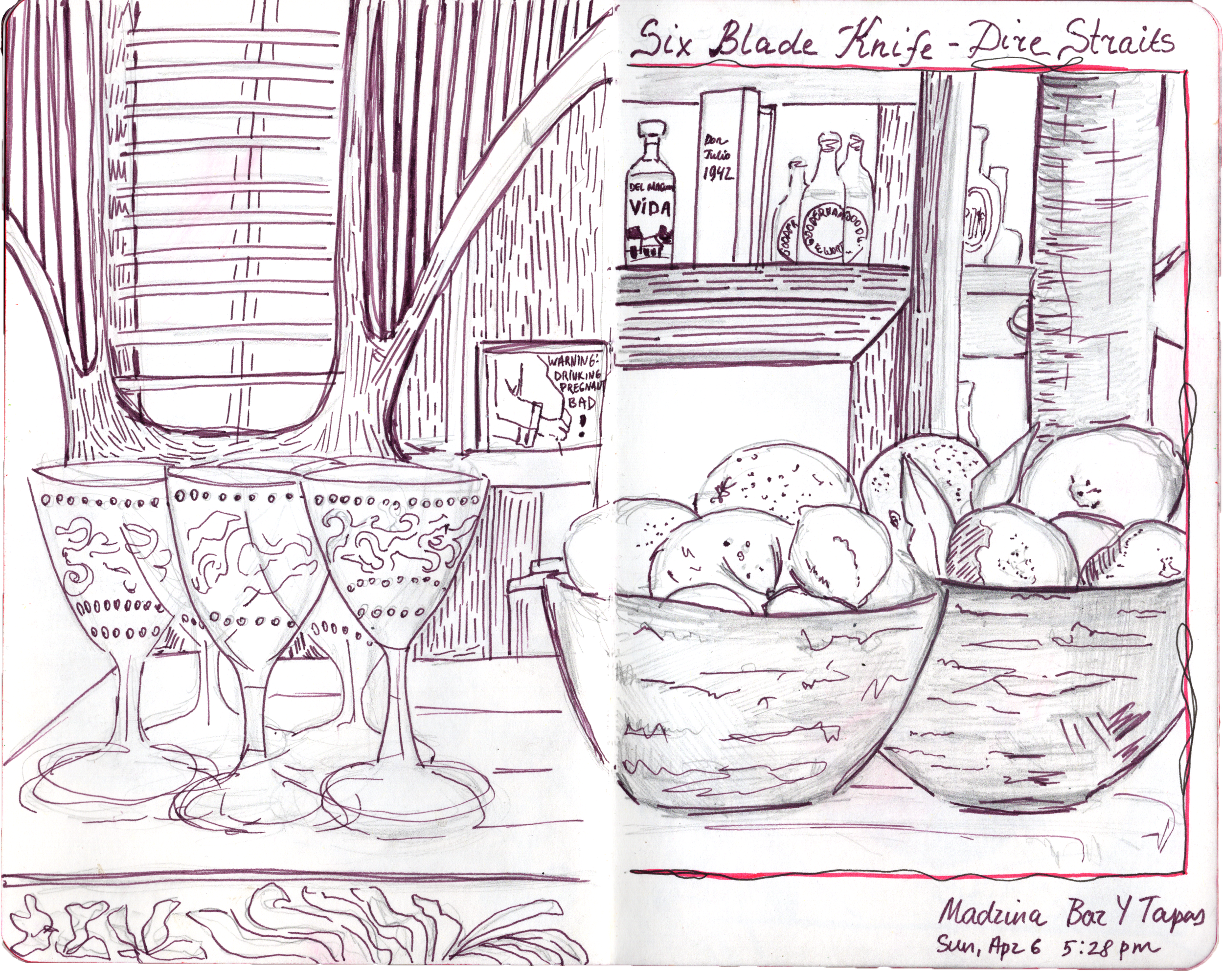 A sketch of a display with three bowls of potatoes, a row of decorative glasses, and shelves with bottles, including a sign that reads 'Six Blade Knife - Dixe Straits' and a warning sign about pregnancy. The sketch is signed by Madina Baz Y Tapas, da