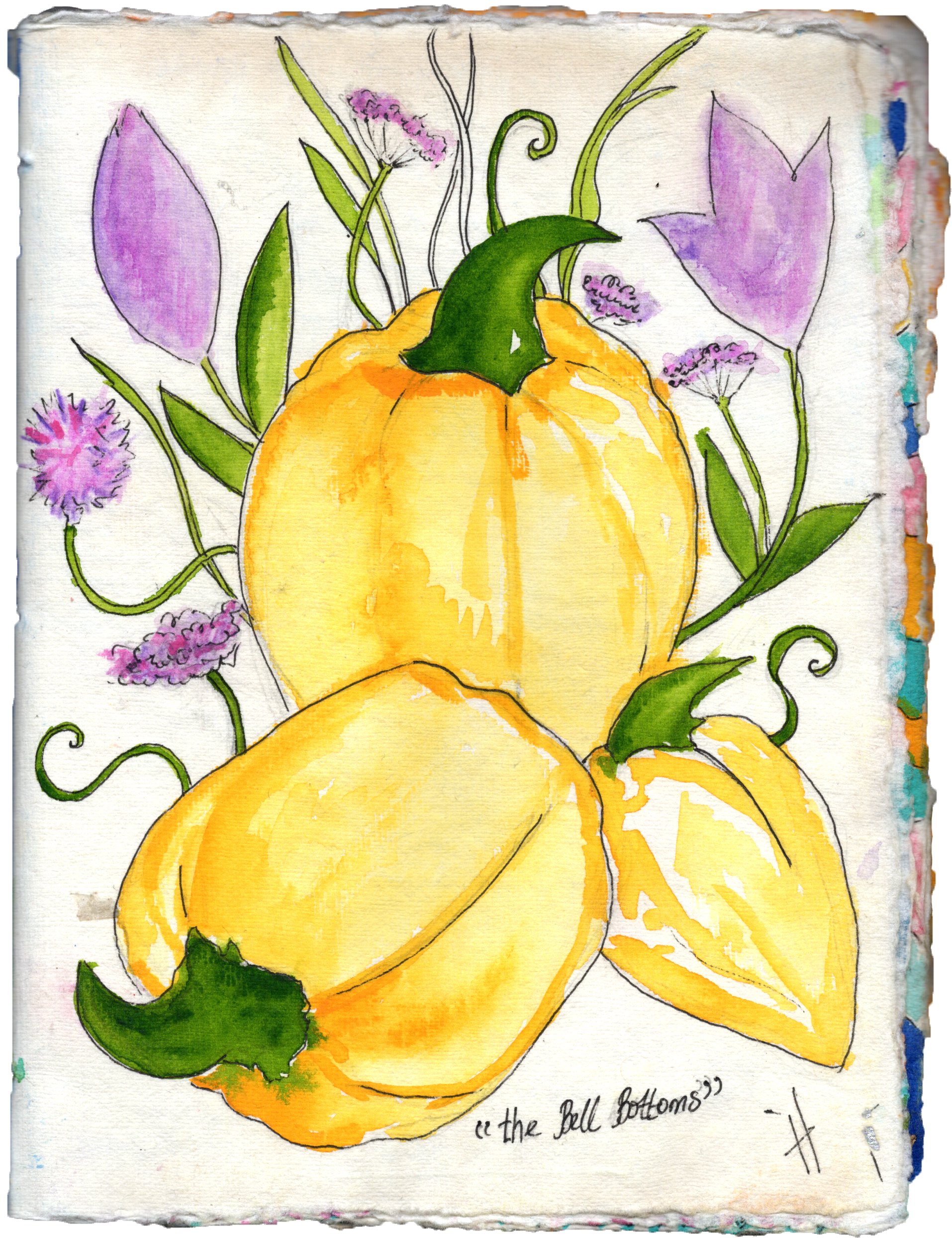 Watercolor painting of three yellow pumpkins with green stems, surrounded by purple flowers and green leaves, titled "the bell bottoms."
