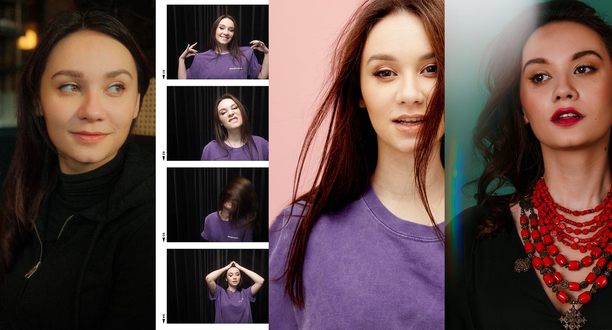 A collage of several photos of a young woman with dark brown and red hair, showing different expressions and settings, including posing with her hand behind her head, making a funny face, and wearing a purple shirt.