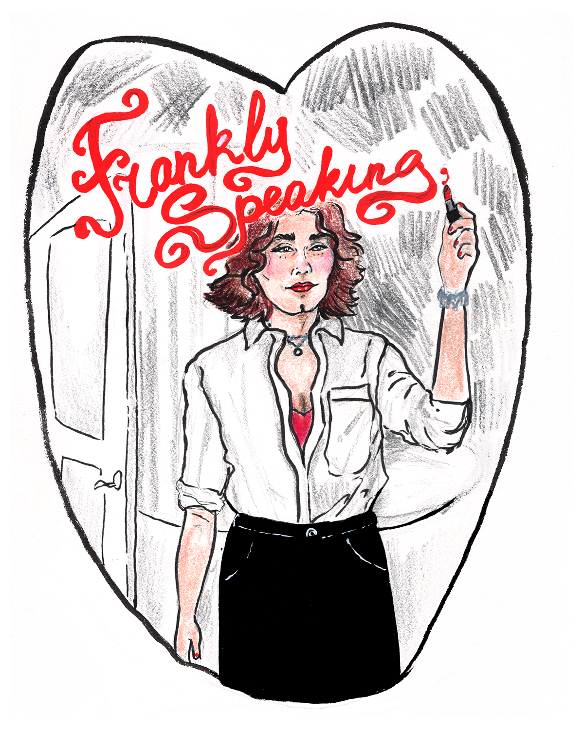 Colorful illustration of a woman with wavy brown hair, wearing a white shirt with rolled-up sleeves, a red top underneath, and a black skirt. She is holding a marker or pen in her raised right hand, with the words 'Frankly Speaking' in red cursive ab