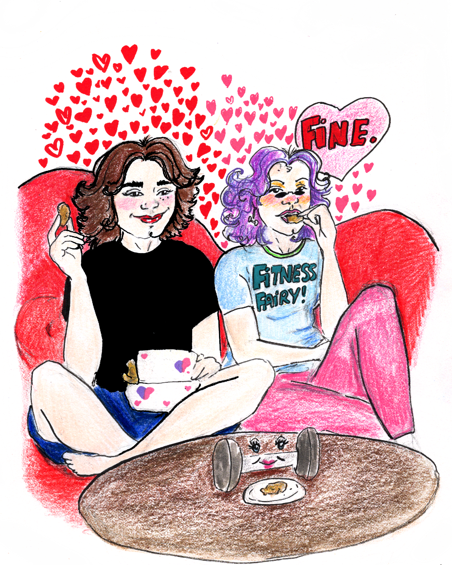 Two women sitting on a red couch, one with brown hair eating a cookie and the other with purple hair wearing a "Fitness Fairy!" T-shirt, with a coffee table in front of them holding a teapot with a face and a plate of cookies. They are surrounded by 