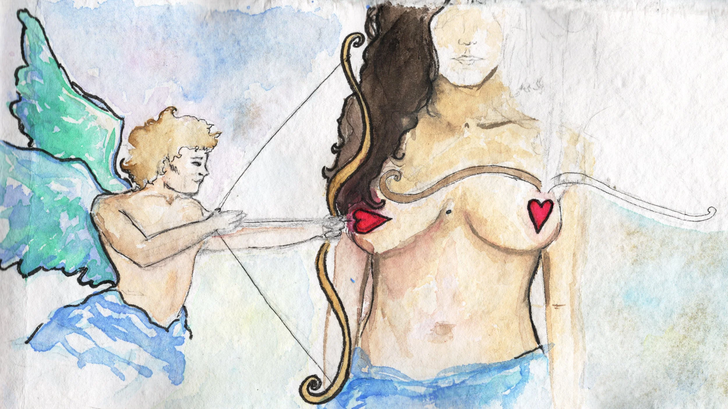 Watercolor illustration of a cupid with green wings shooting an arrow at a woman with long dark hair, a red heart over her breast, and red lips.