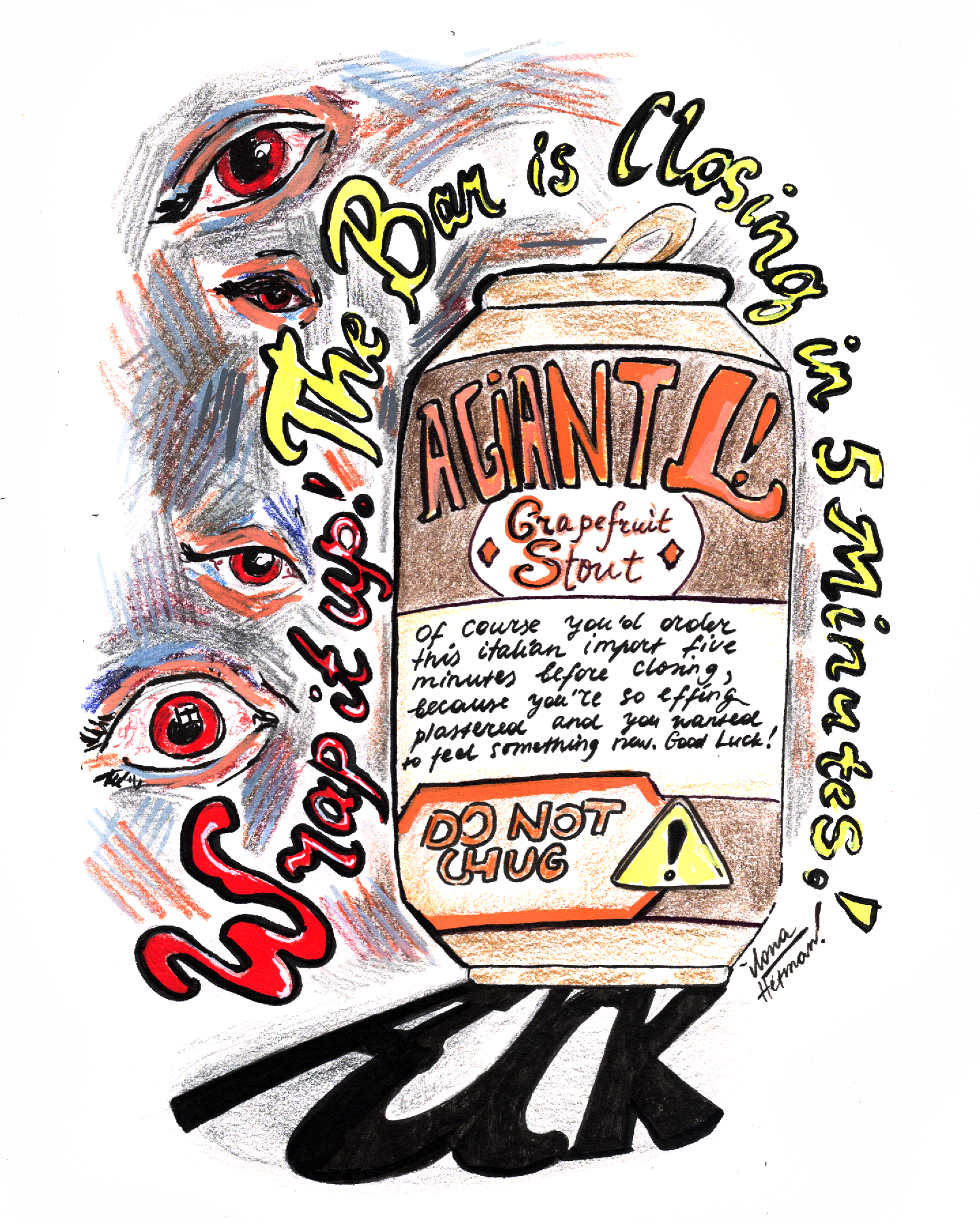 Colorful illustration of a Grapefruit Stout labeled 'The Barn is Closing in 5W' with humorous text and eyes surrounding the can, featuring warnings and playful notes.