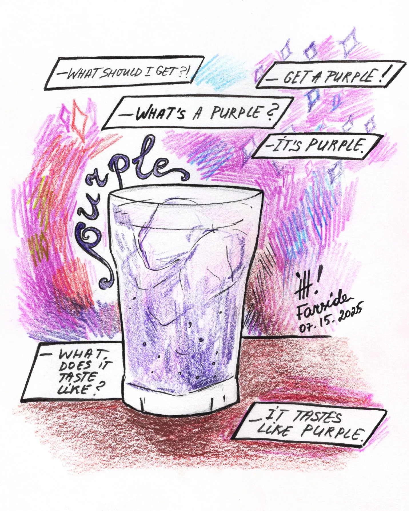 Colorful hand-drawn illustration of a glass with ice and purple liquid, surrounded by speech bubbles with a humorous conversation about the color purple.