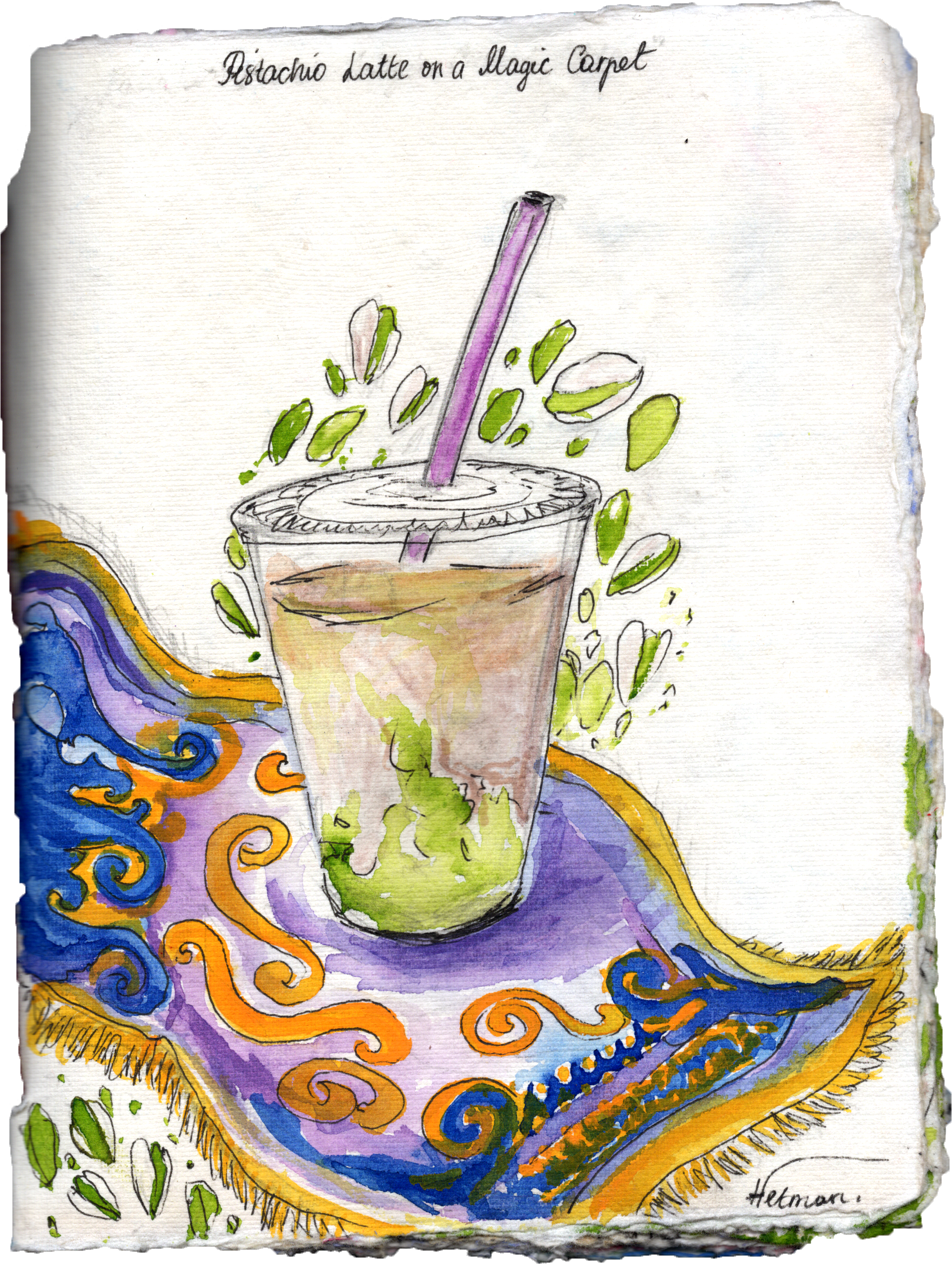 Watercolor illustration of a pistachio latte in a clear plastic cup with a purple straw, placed on a colorful, patterned cloth. Green pistachio pieces and splashes are depicted around the cup. The caption reads "Pistachio latte on a Magic Carpet."