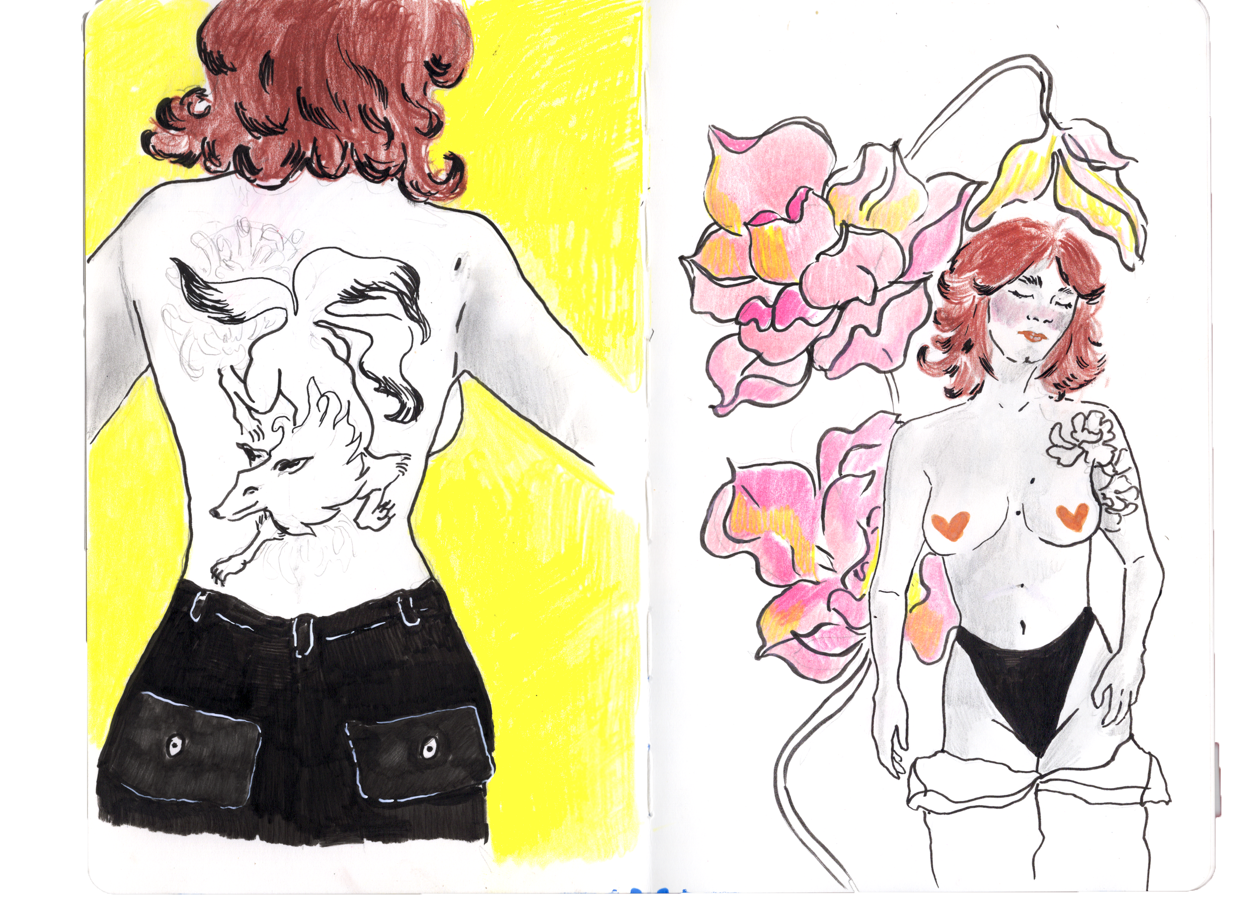 A sketch of a woman with red hair, wearing black underwear and white thigh-high stockings, surrounded by pink flowers. Another sketch from behind shows the same woman with a tattoo of a wolf and a unicorn on her back, set against a yellow background.