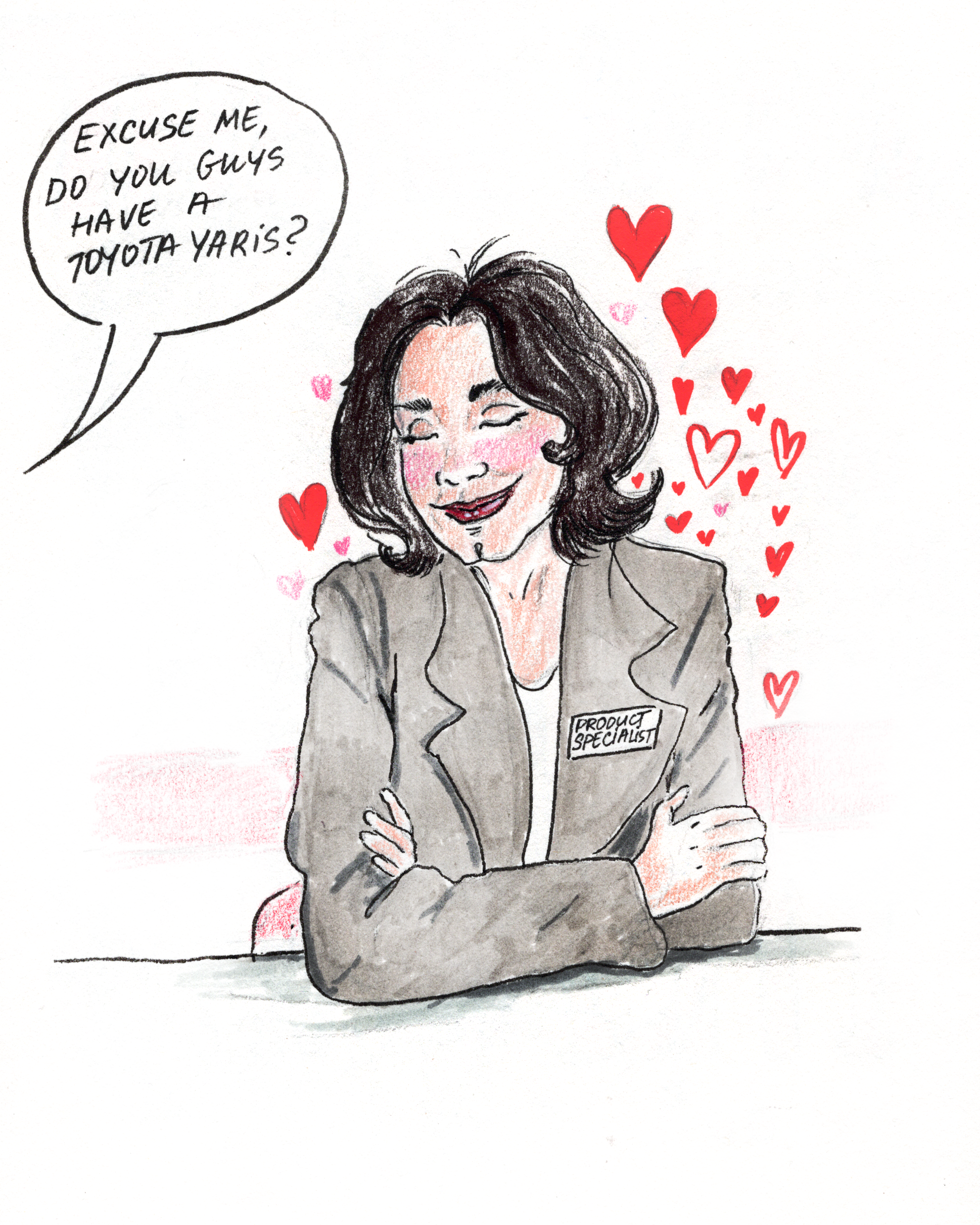 A cartoon illustration of a smiling woman with shoulder-length dark hair, wearing a gray blazer with a 'Product Specialist' badge, surrounded by red and pink hearts. She has a speech bubble asking, 'Excuse me, do you guys have a Toyota Yaris?'