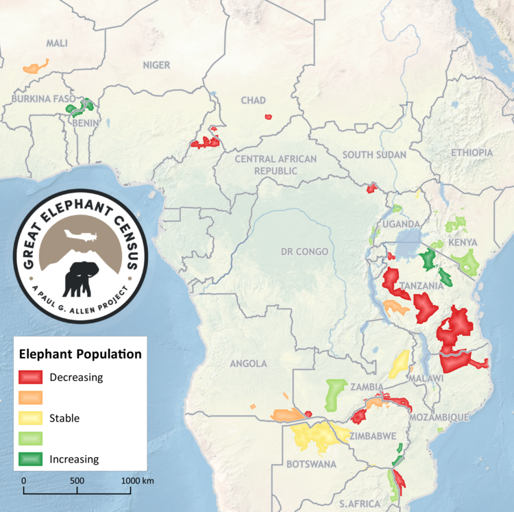 his map , from the Great Elephant Census, illustrates the stability of populations of elephants throughout Africa