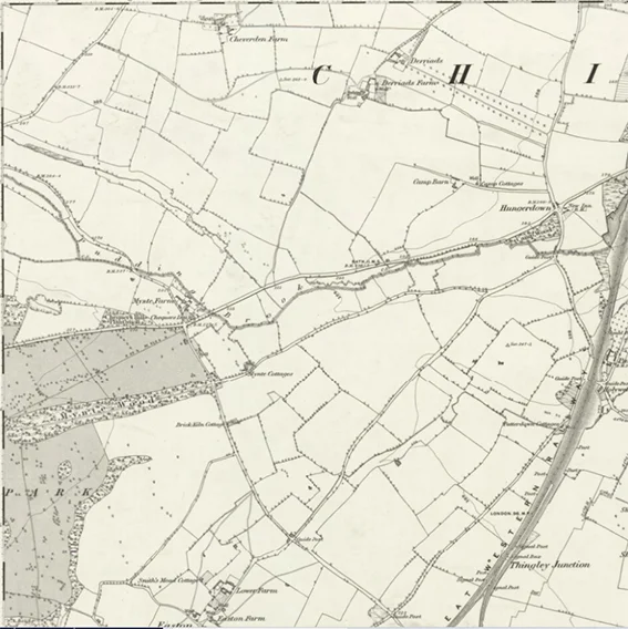 2 -1885 Map of Wiltshire showing the name Pudding Brook applied to the stream north of the road near Mynte Farm. From the National Library of Scotland https://maps.nls.uk/view/102347986
