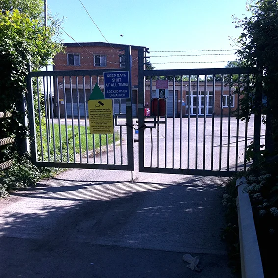The gates of Chippenham Sewage Treatment Works.